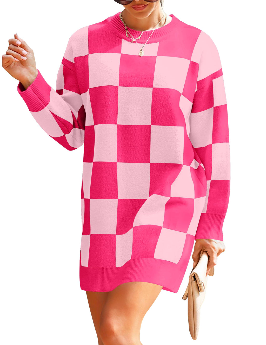 Luxuii Oversized Crew Neck Plaid Tunic Sweater Dress
