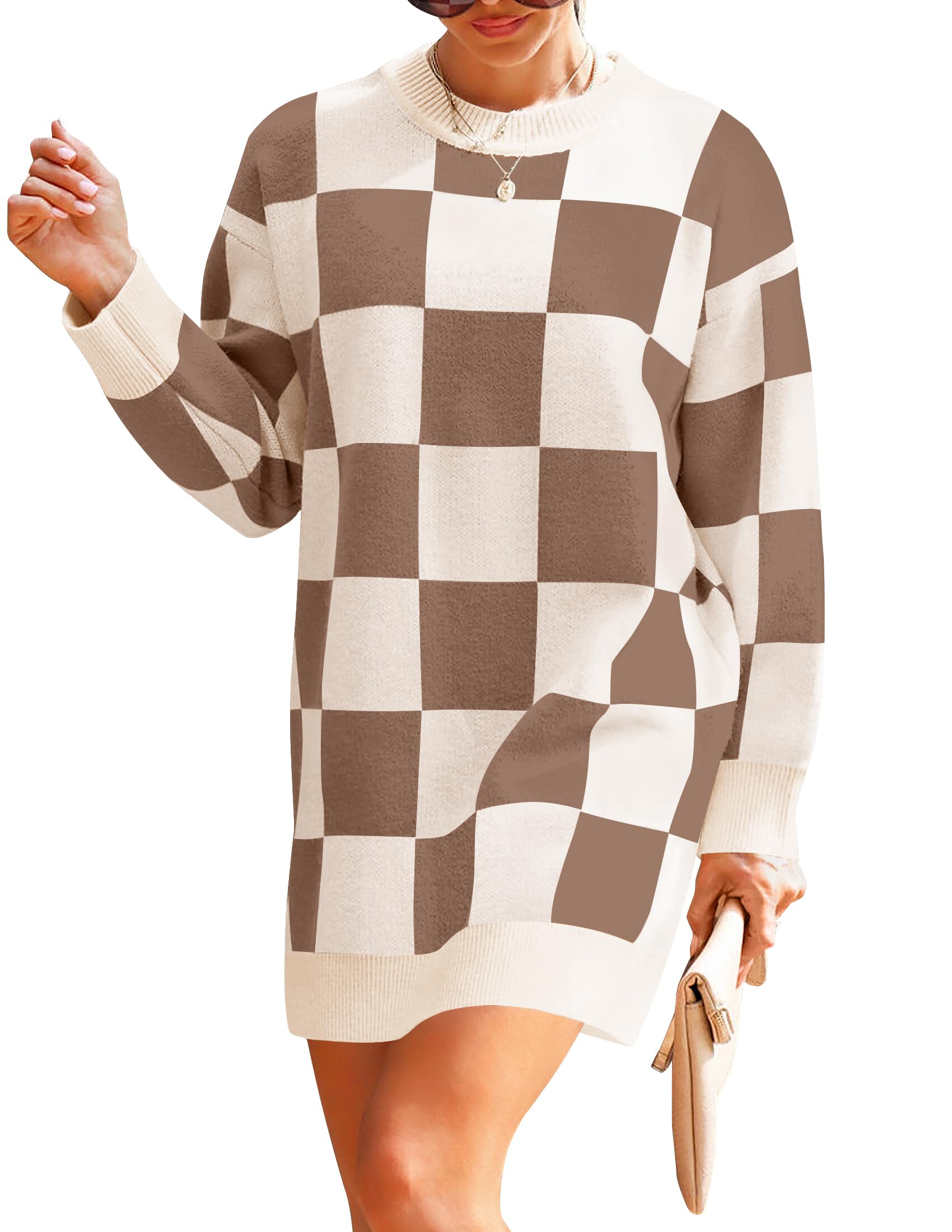 Luxuii Oversized Crew Neck Plaid Tunic Sweater Dress