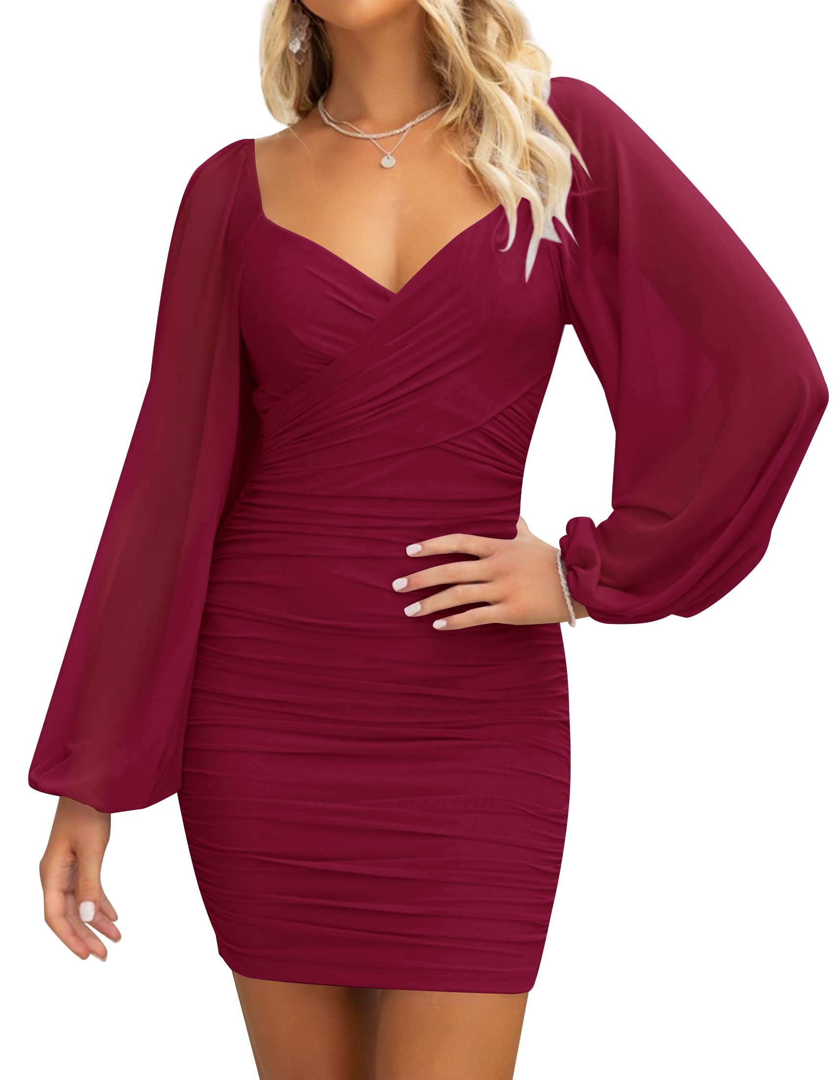 Luxuii Puff Long Sleeve Sexy V Neck Ruched Bodycon Mini Dress