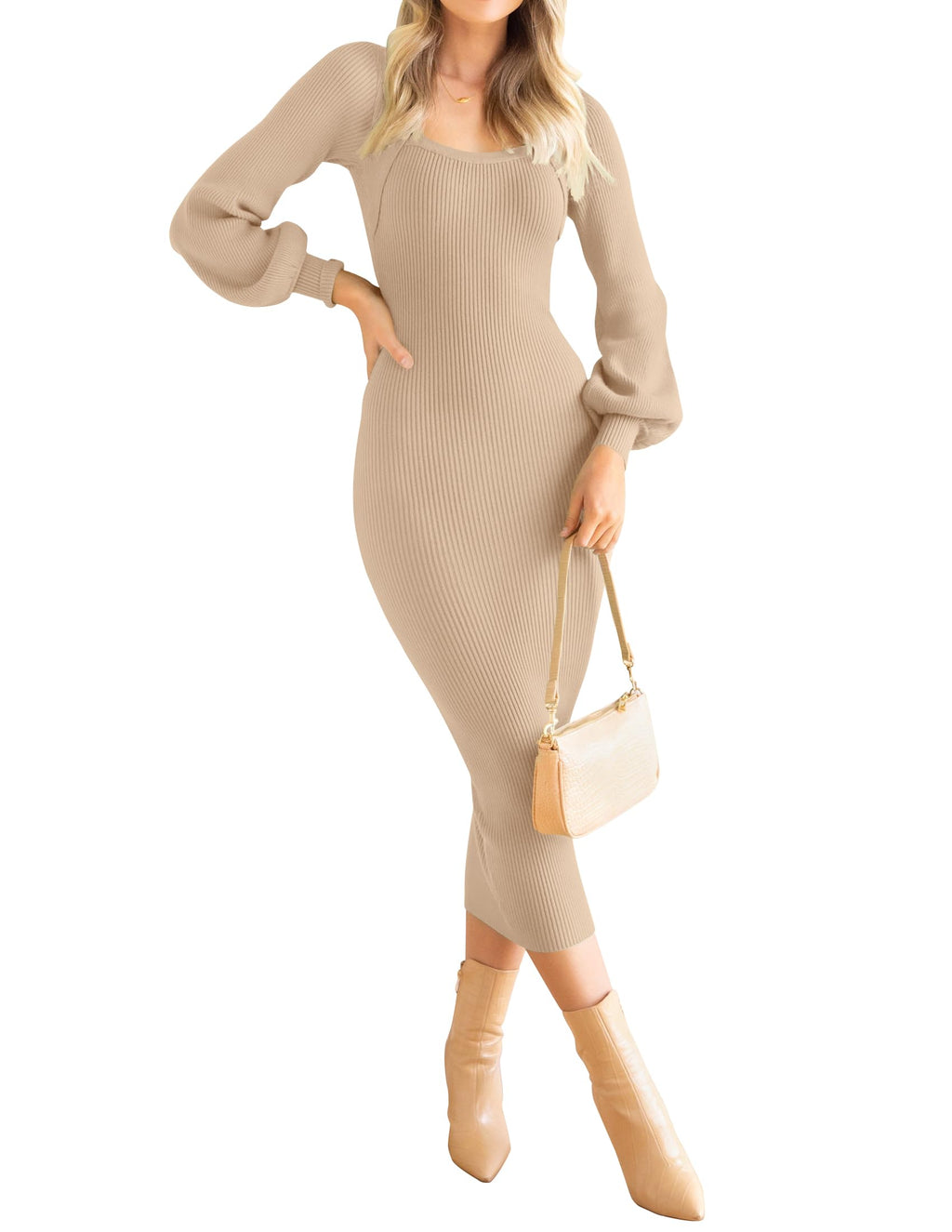 Luxuii Puff Long Sleeve Square Neck Ribbed Knit Dress