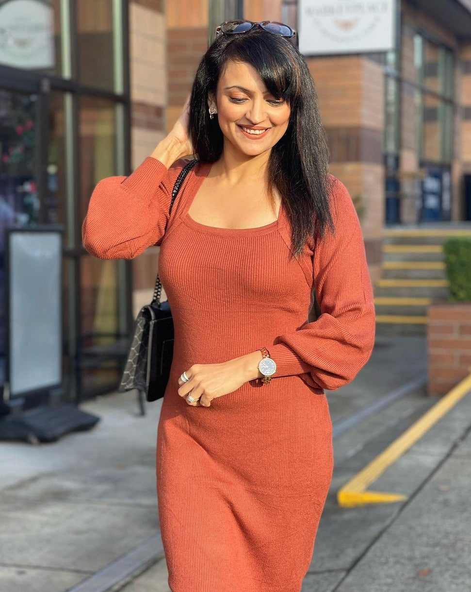 Luxuii Puff Long Sleeve Square Neck Ribbed Knit Dress
