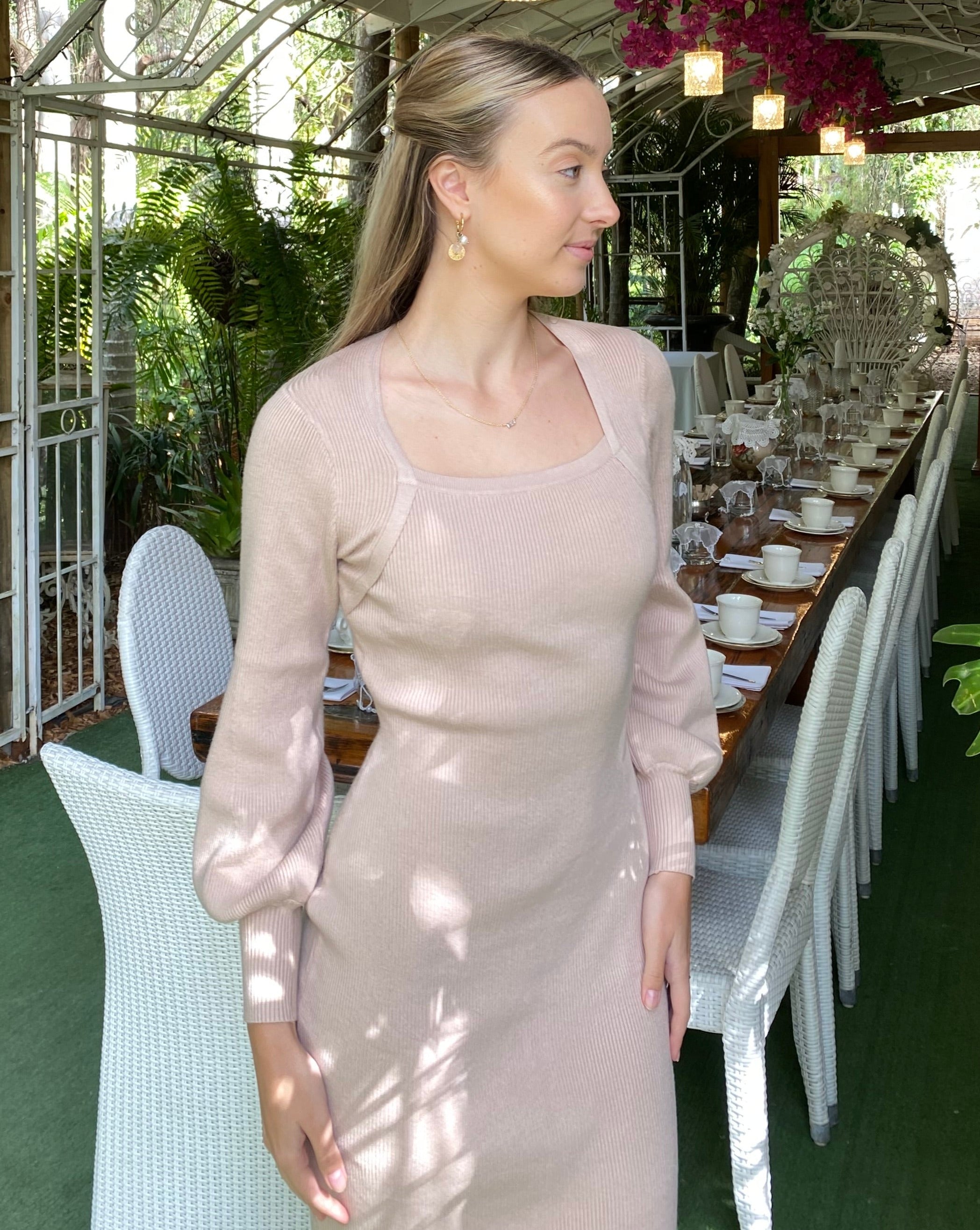 Luxuii Puff Long Sleeve Square Neck Ribbed Knit Dress
