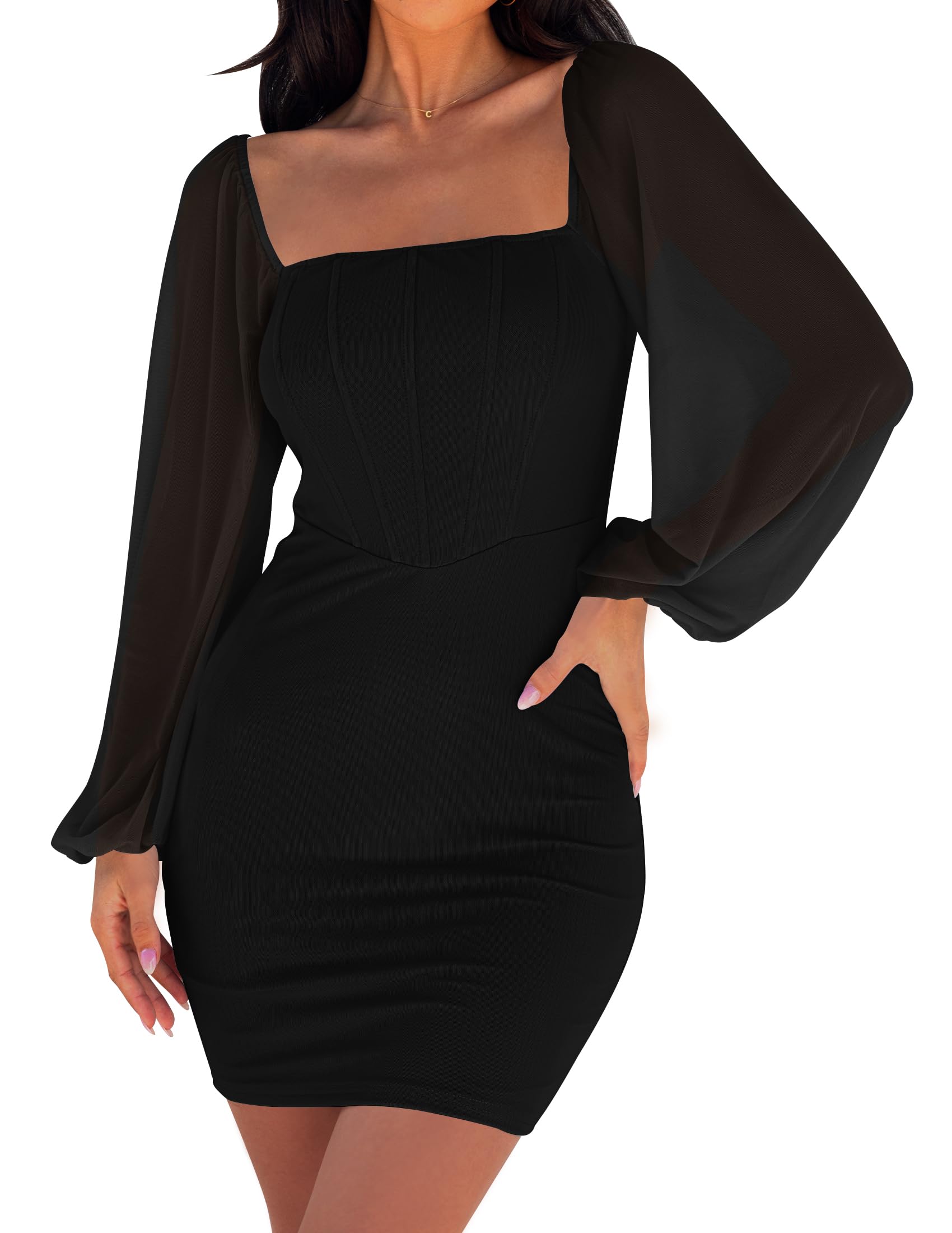 Luxuii Puff Long Sleeve Square Neck Ruched Bodycon Mini Dress