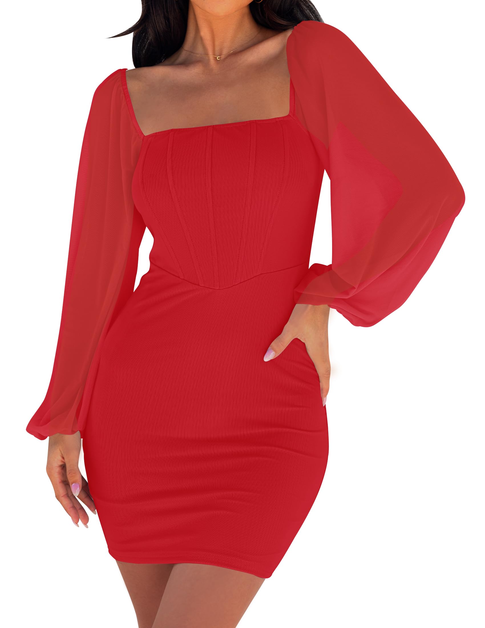 Luxuii Puff Long Sleeve Square Neck Ruched Bodycon Mini Dress