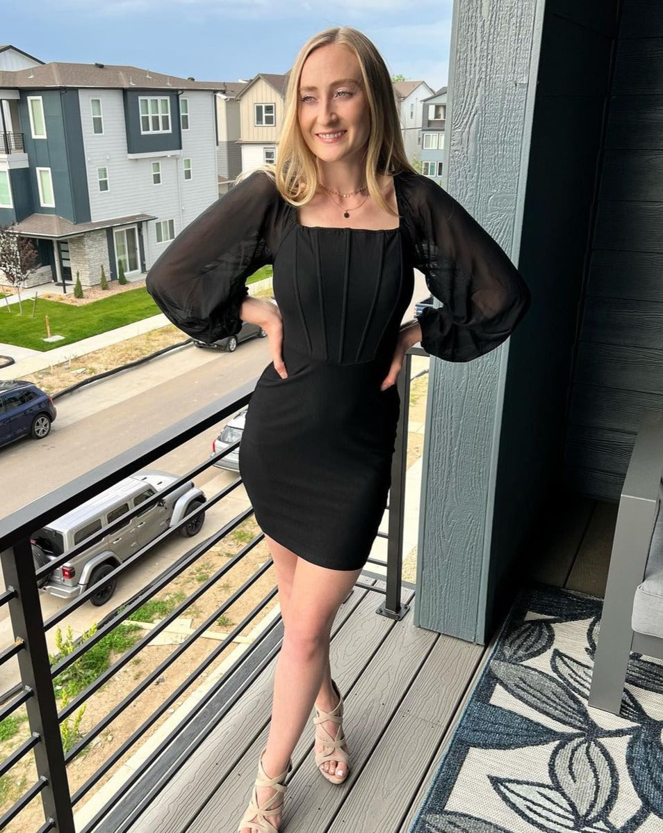 Luxuii Puff Long Sleeve Square Neck Ruched Bodycon Mini Dress