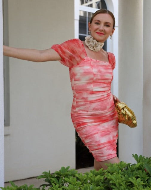 Luxuii Puff Sleeve Tie Dye Ruched Bodycon Mini Dress