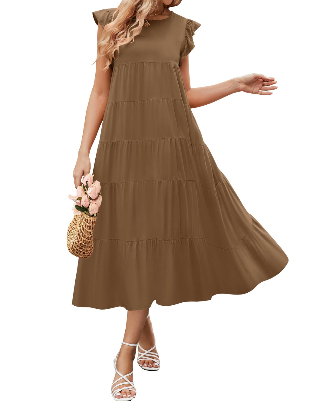 Luxuii Ruffle Cap Sleeve Crewneck Flowy Pleated Midi Dress