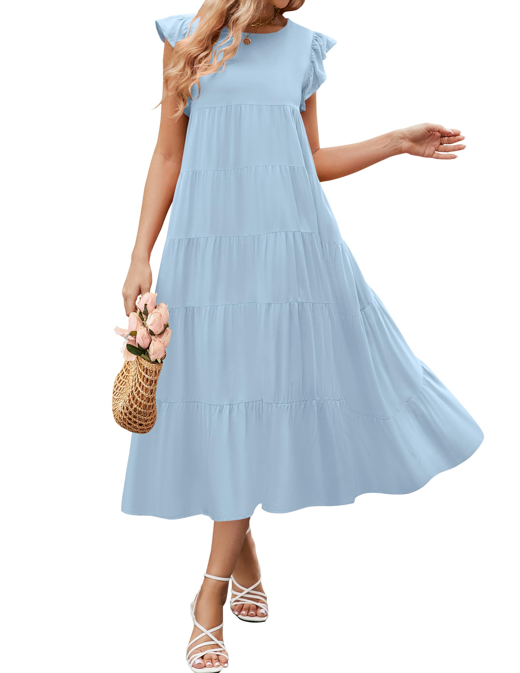 Luxuii Ruffle Cap Sleeve Crewneck Flowy Pleated Midi Dress