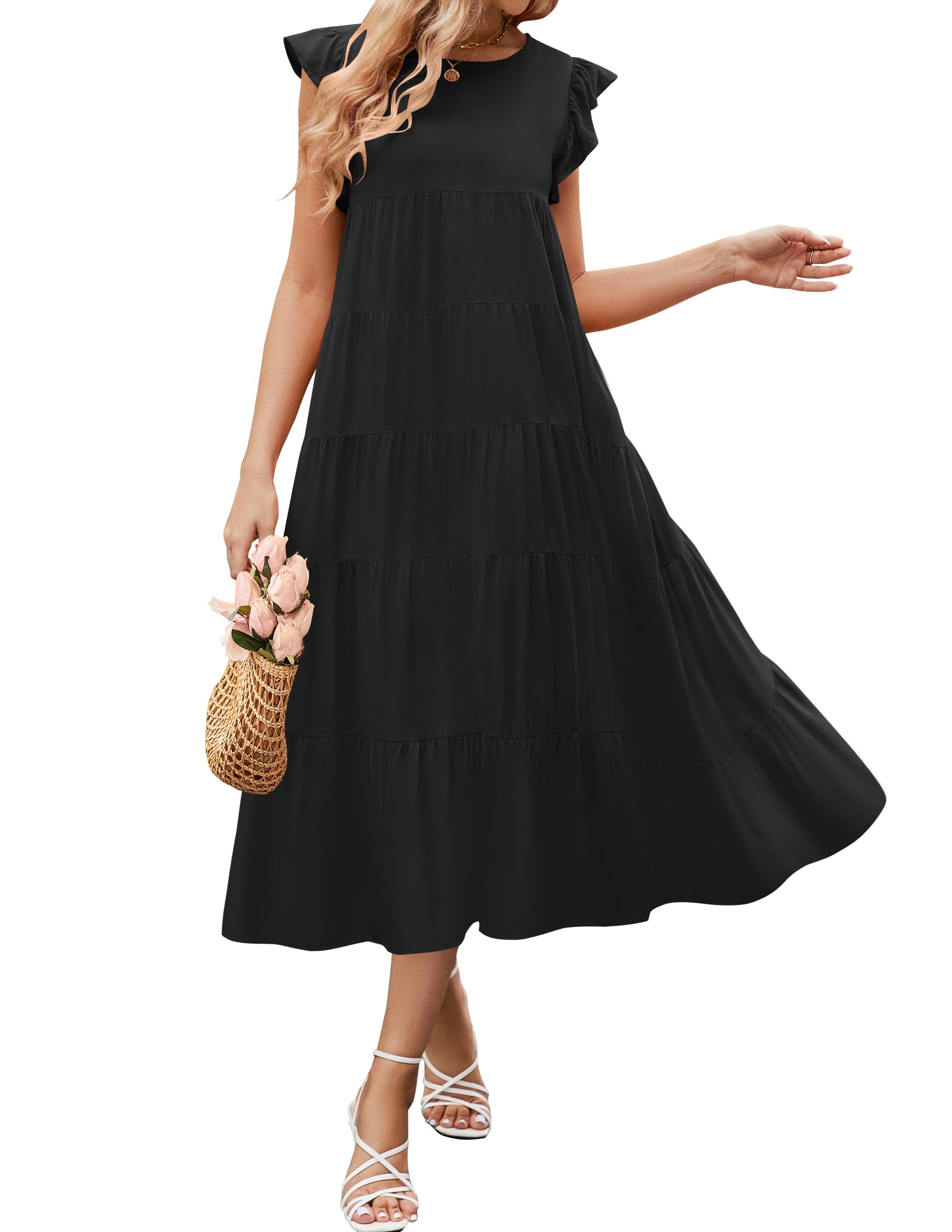Luxuii Ruffle Cap Sleeve Crewneck Flowy Pleated Midi Dress