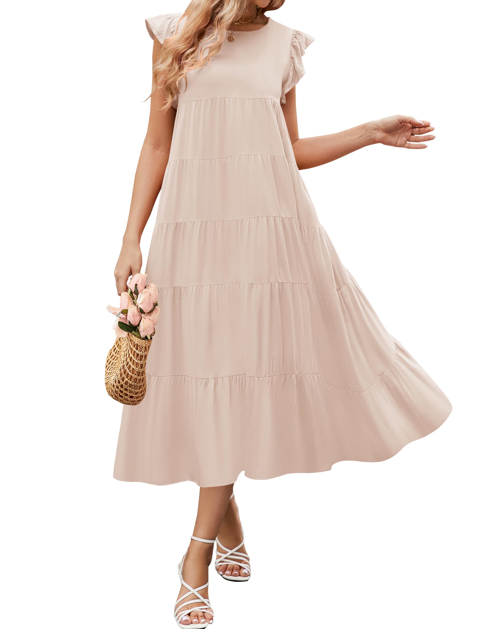Luxuii Ruffle Cap Sleeve Crewneck Flowy Pleated Midi Dress