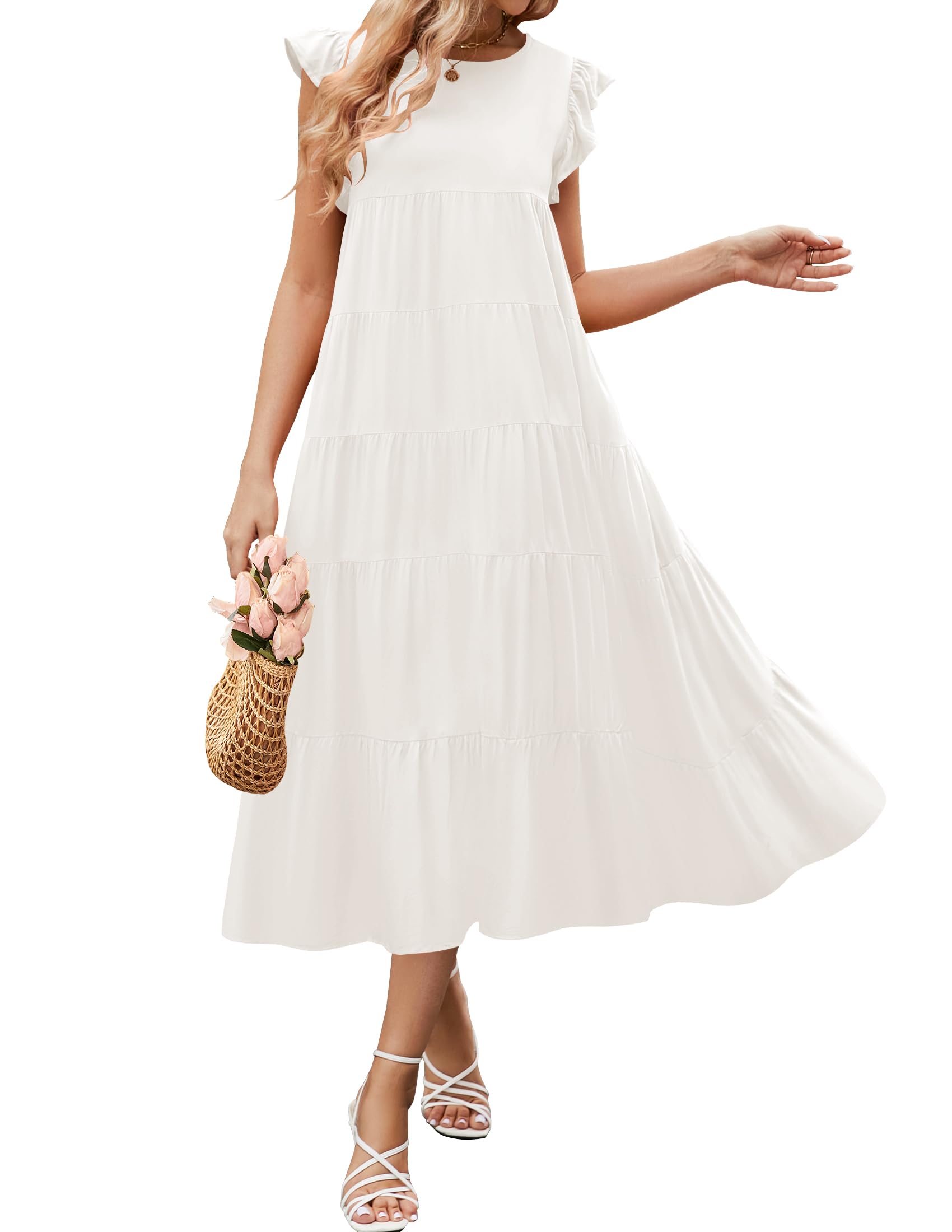 Luxuii Ruffle Cap Sleeve Crewneck Flowy Pleated Midi Dress