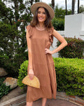 Luxuii Ruffle Cap Sleeve Crewneck Flowy Pleated Midi Dress