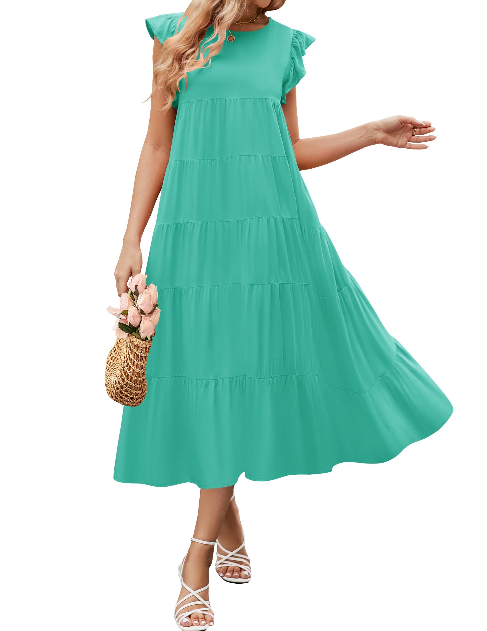 Luxuii Ruffle Cap Sleeve Crewneck Flowy Pleated Midi Dress