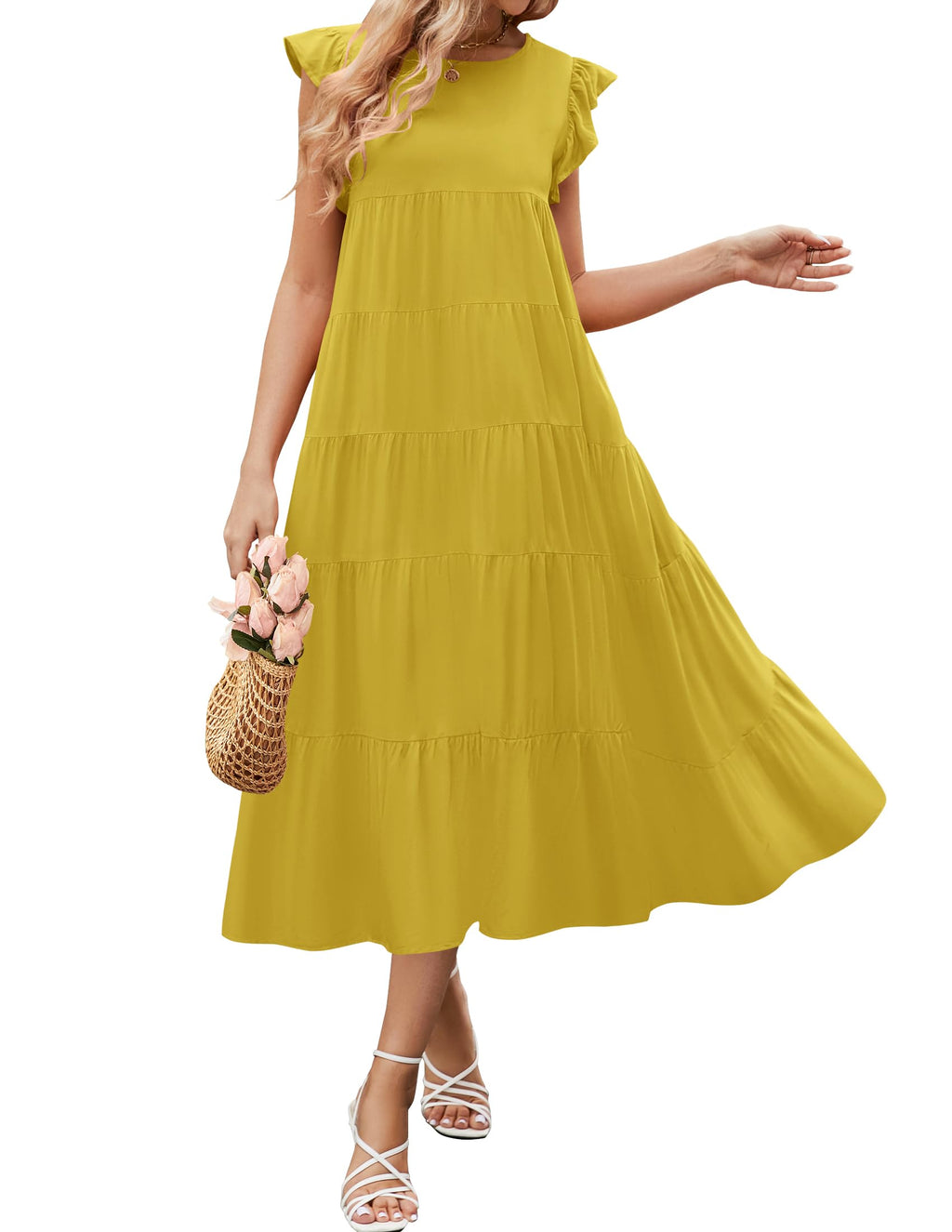 Luxuii Ruffle Cap Sleeve Crewneck Flowy Pleated Midi Dress