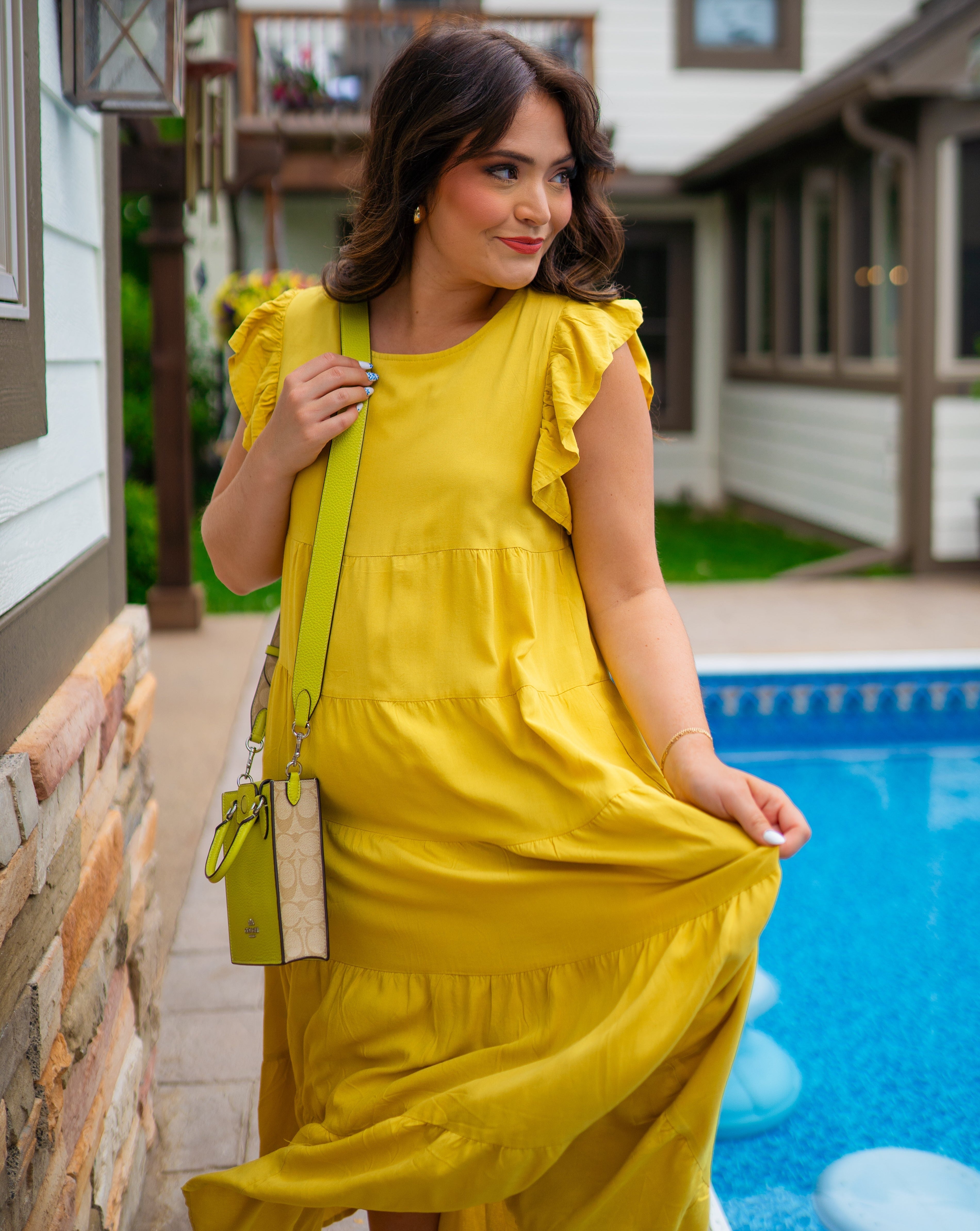 Luxuii Ruffle Cap Sleeve Crewneck Flowy Pleated Midi Dress