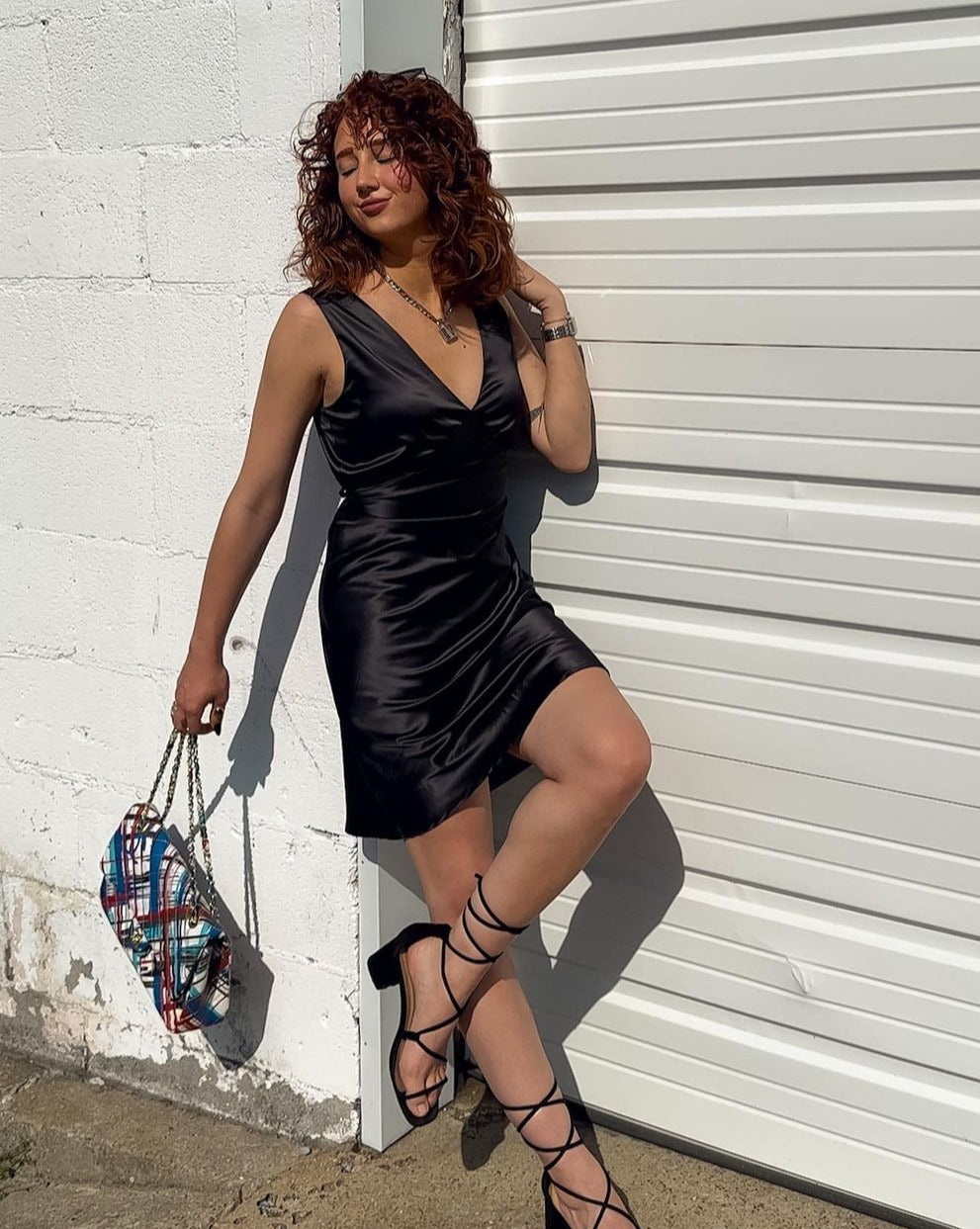 Luxuii Satin V Neck Sleeveless Backless Tie Waist Mini Dress