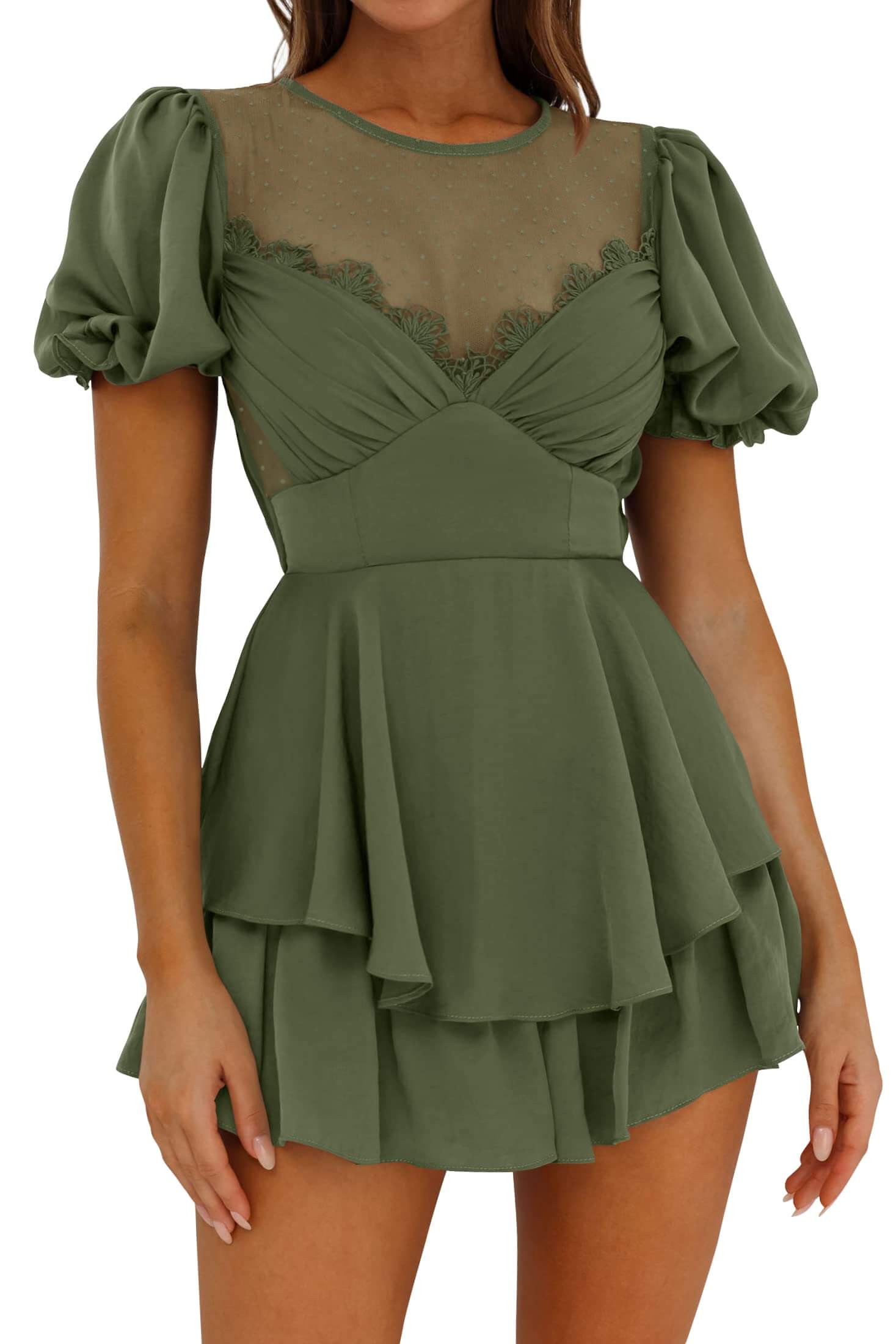 Luxuii Short Puff Sleeve Mesh Tiered Short Jumpsuit