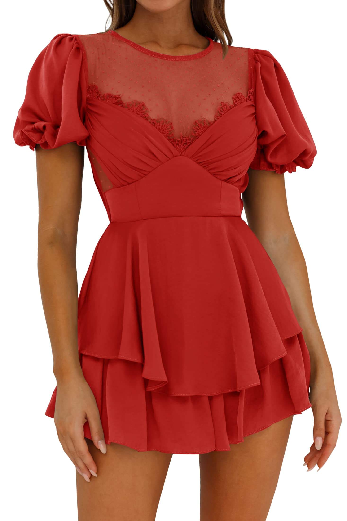 Luxuii Short Puff Sleeve Mesh Tiered Short Jumpsuit