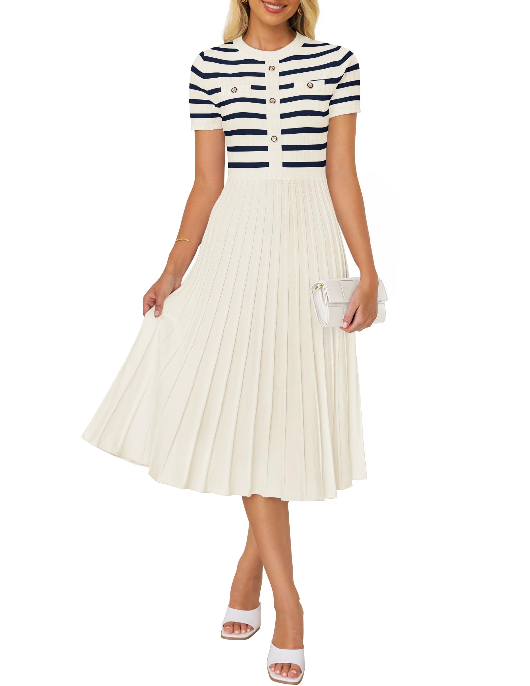 Luxuii Short Sleeve Button Ribbed Knit Striped Pleated Midi Dress