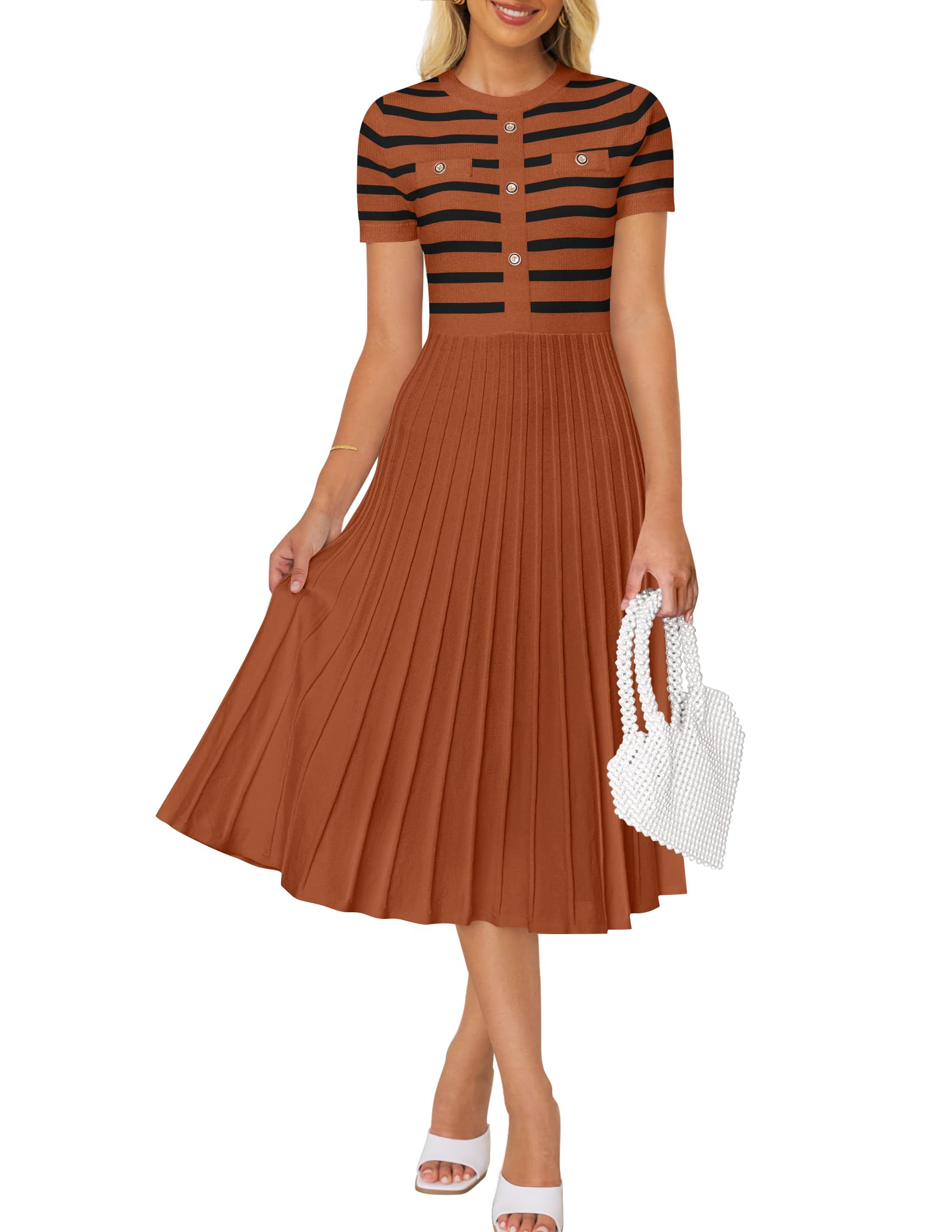 Luxuii Short Sleeve Button Ribbed Knit Striped Pleated Midi Dress