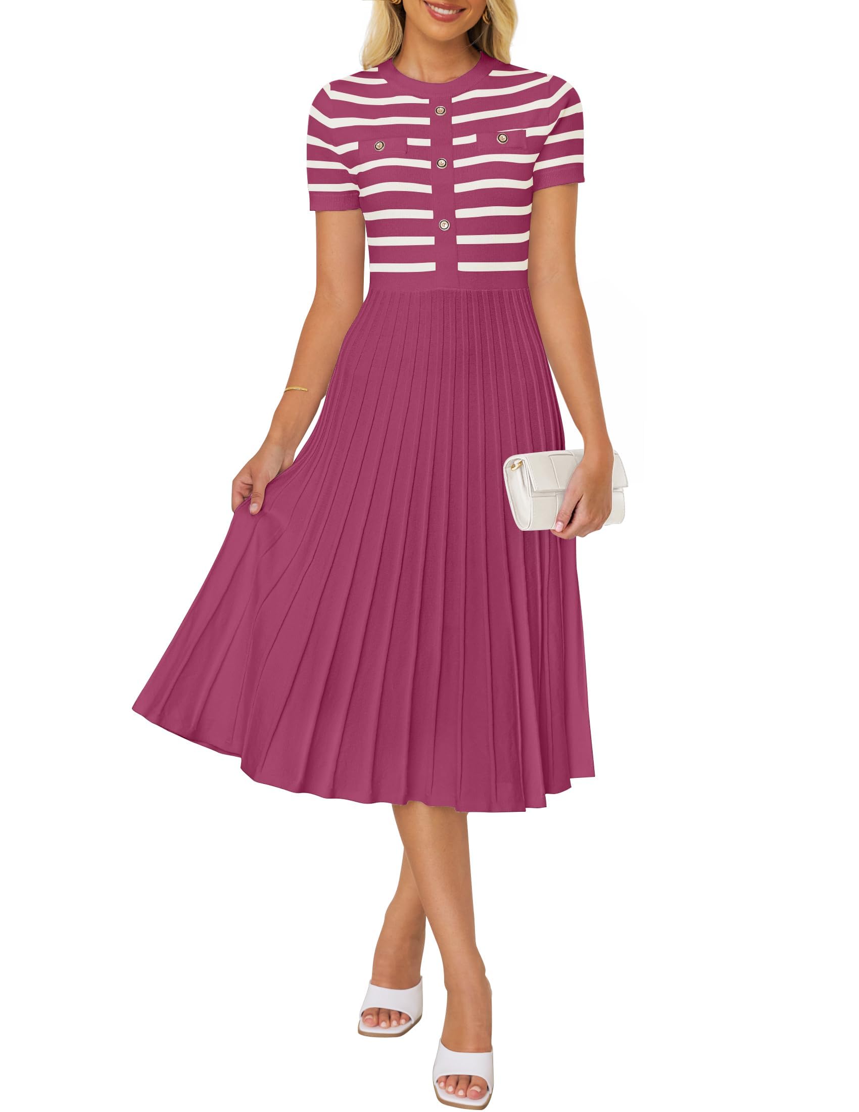 Luxuii Short Sleeve Button Ribbed Knit Striped Pleated Midi Dress