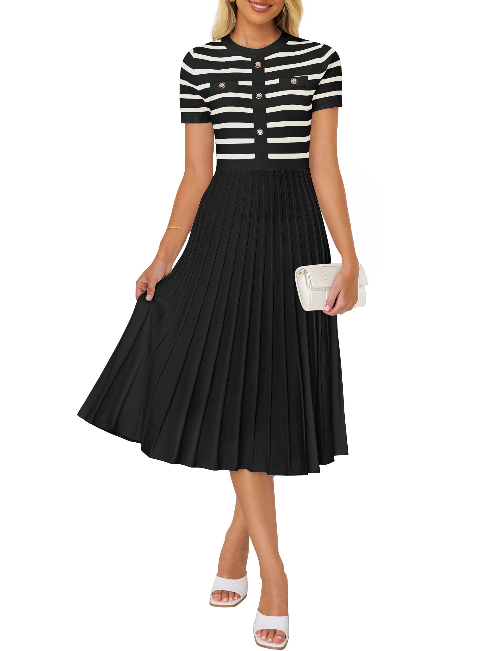 Luxuii Short Sleeve Button Ribbed Knit Striped Pleated Midi Dress