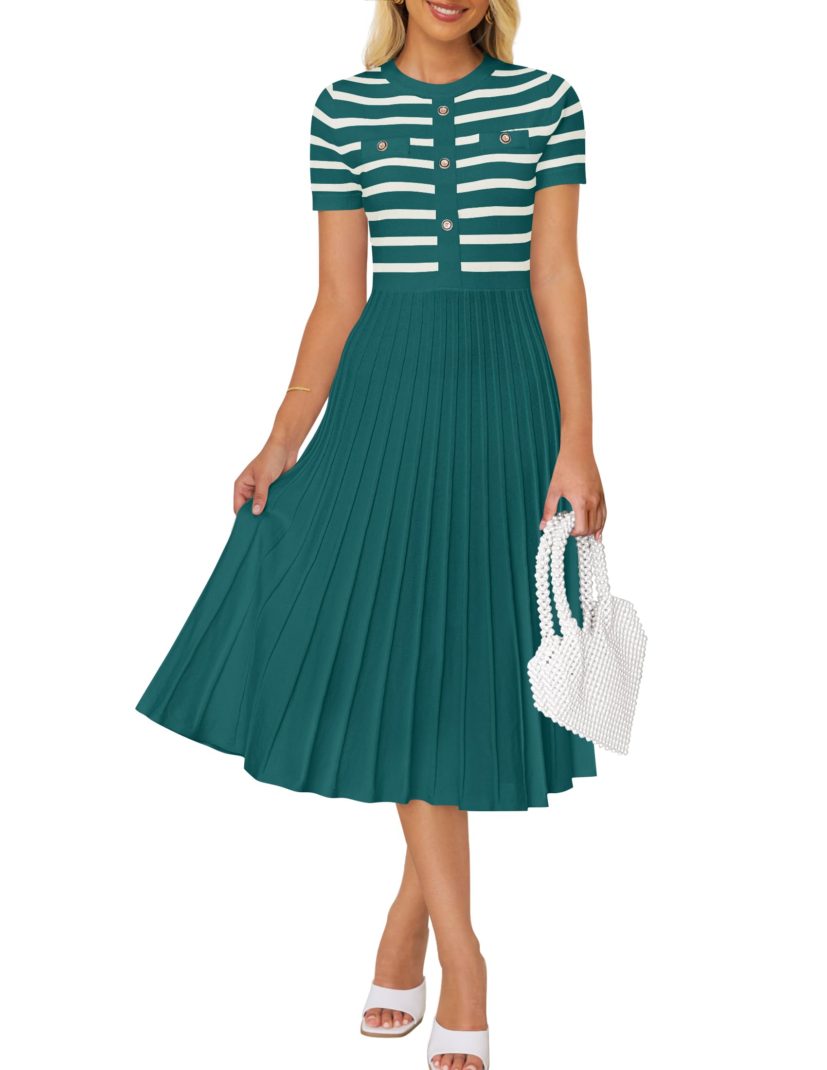 Luxuii Short Sleeve Button Ribbed Knit Striped Pleated Midi Dress