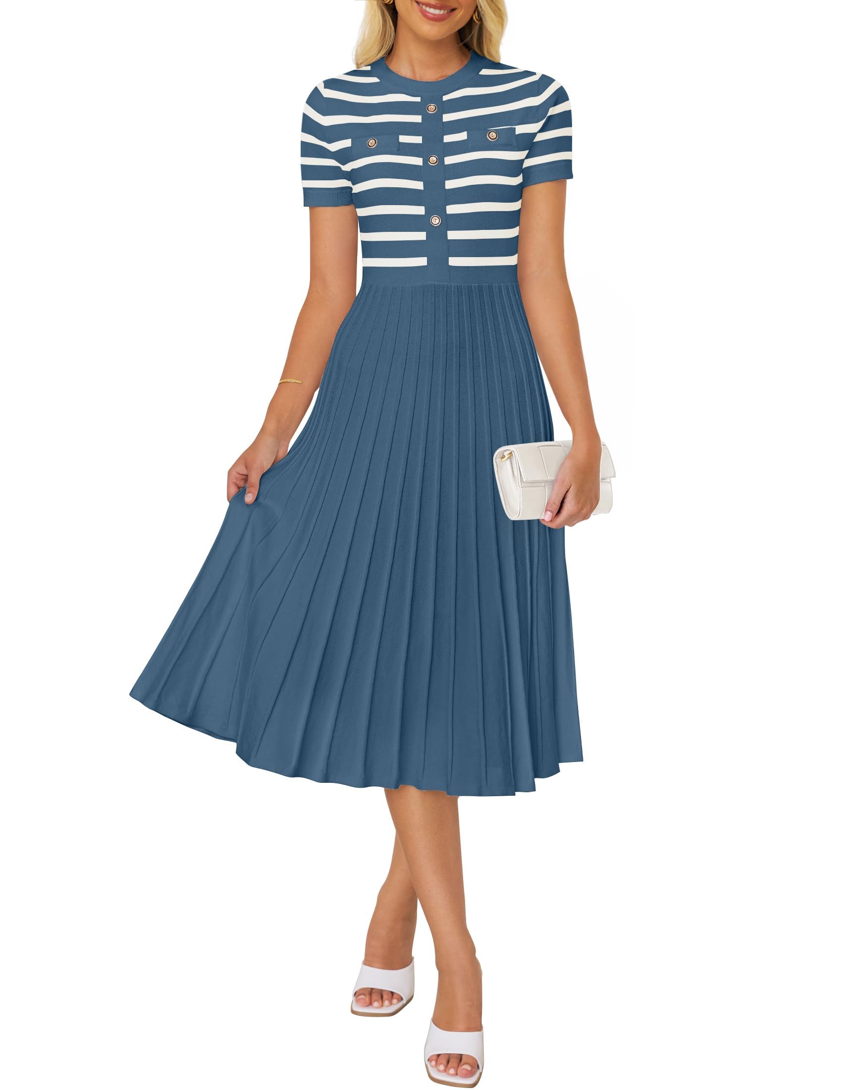 Luxuii Short Sleeve Button Ribbed Knit Striped Pleated Midi Dress