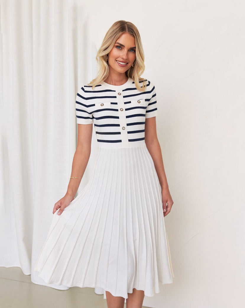 Luxuii Short Sleeve Button Ribbed Knit Striped Pleated Midi Dress