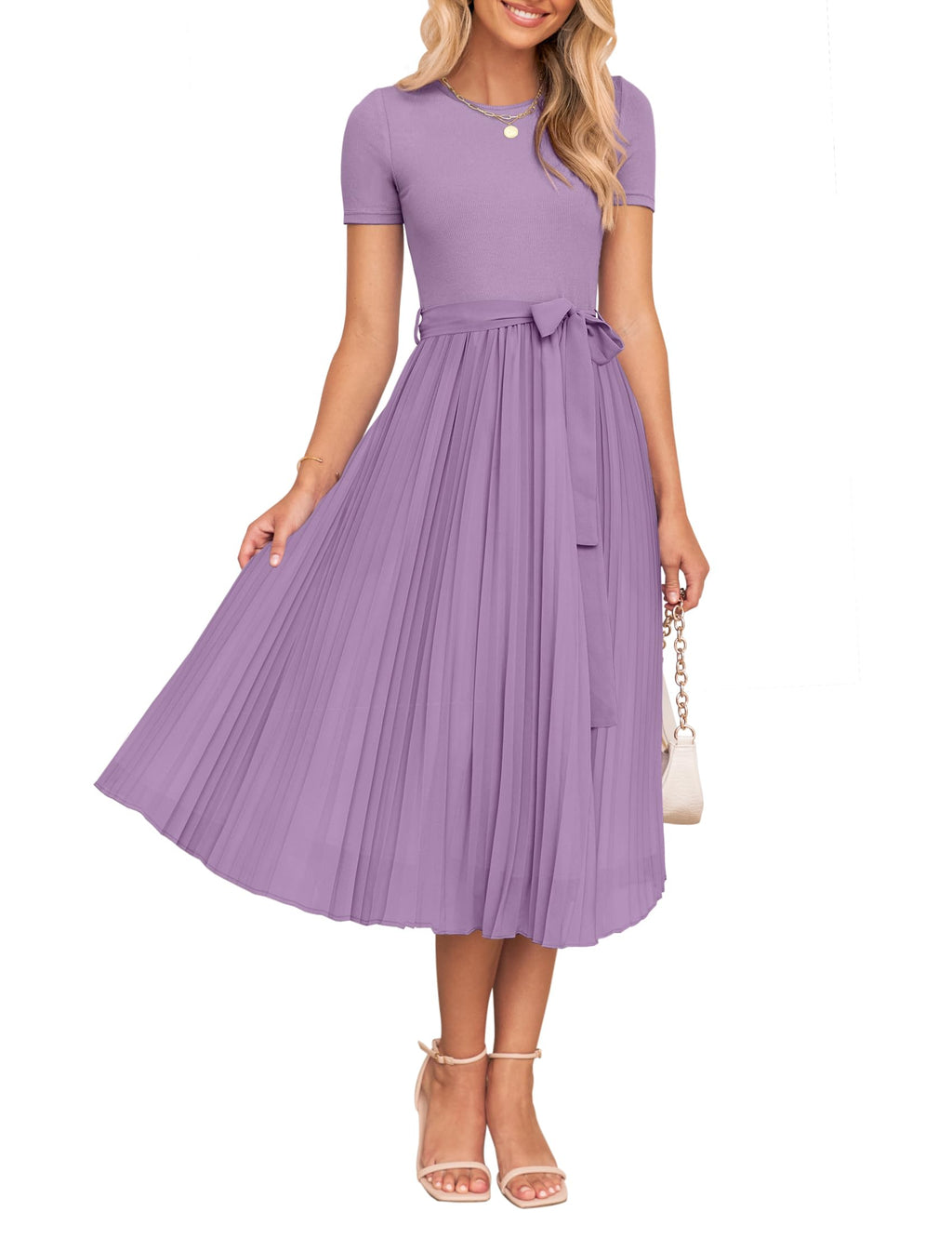 Luxuii Short Sleeve Crew Neck Ribbed Knit Belted Pleated Midi Dress