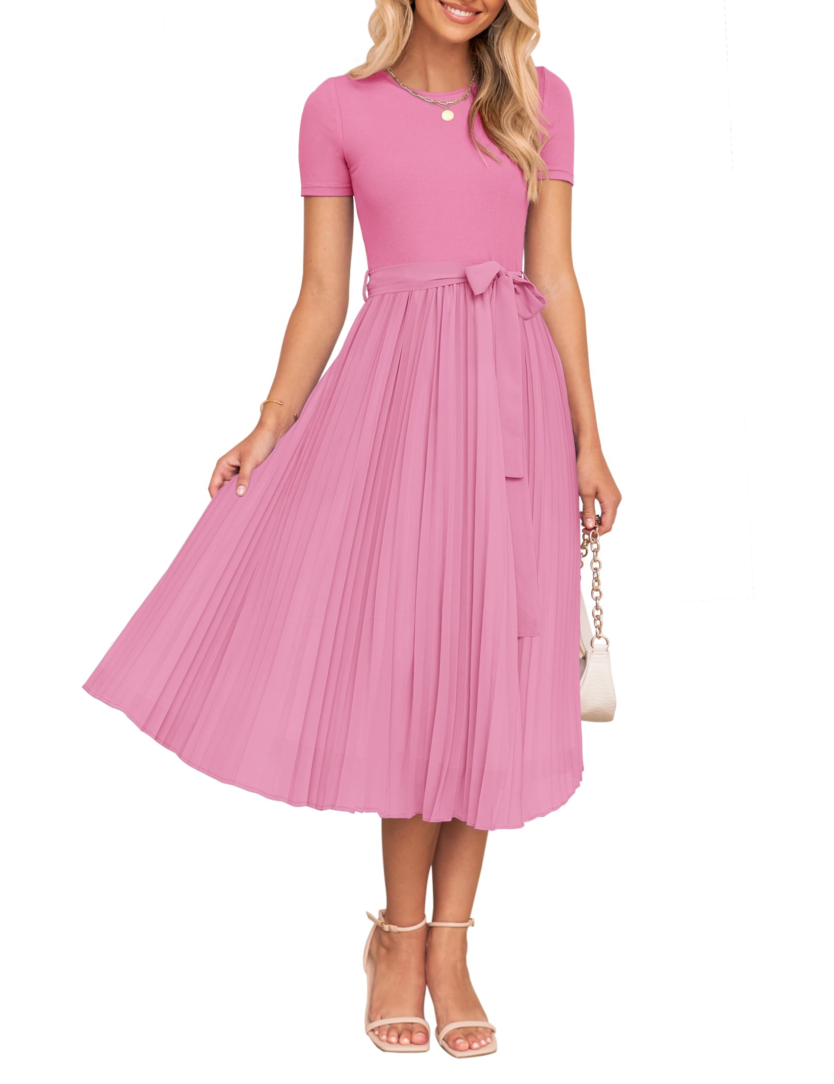 Luxuii Short Sleeve Crew Neck Ribbed Knit Belted Pleated Midi Dress