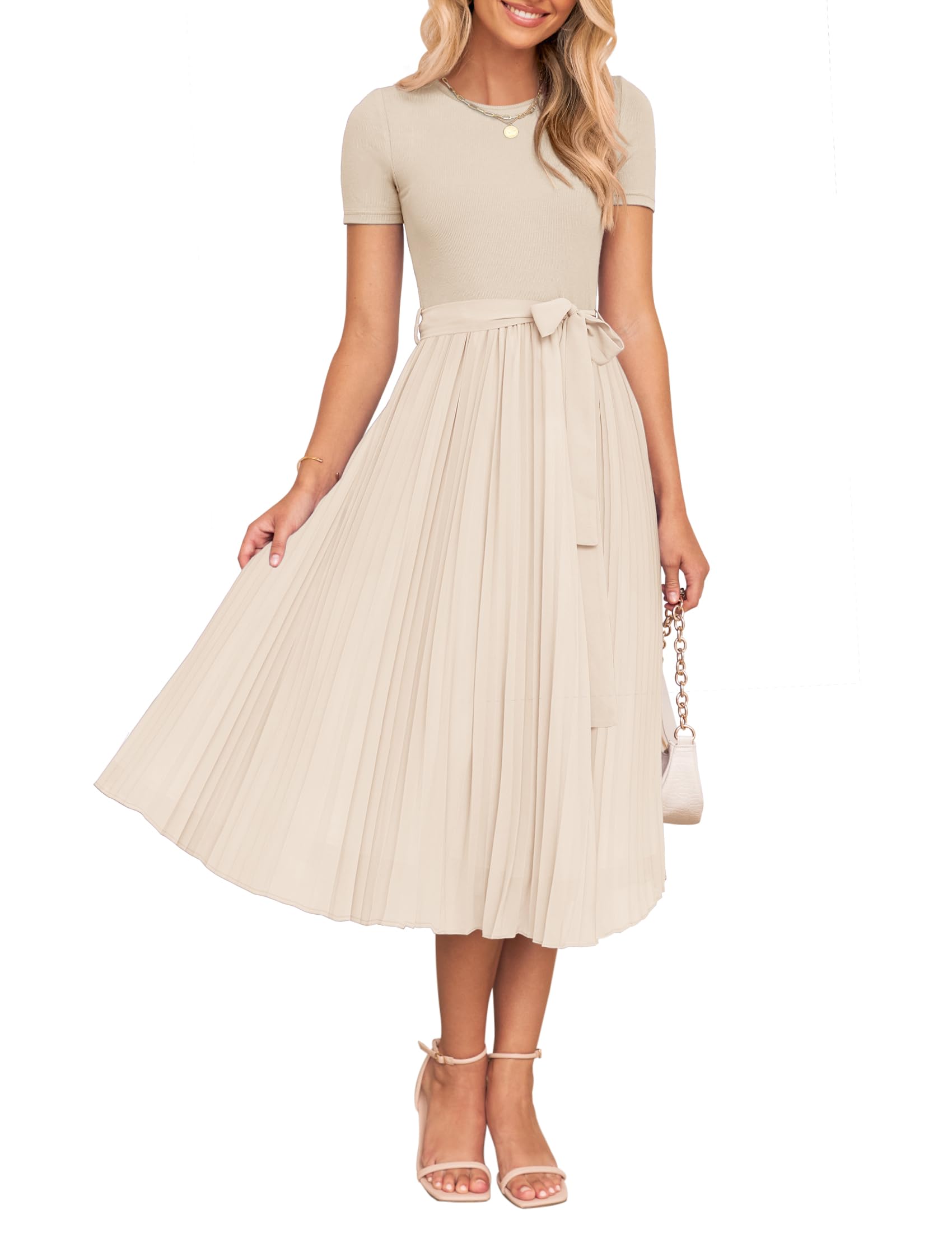 Luxuii Short Sleeve Crew Neck Ribbed Knit Belted Pleated Midi Dress