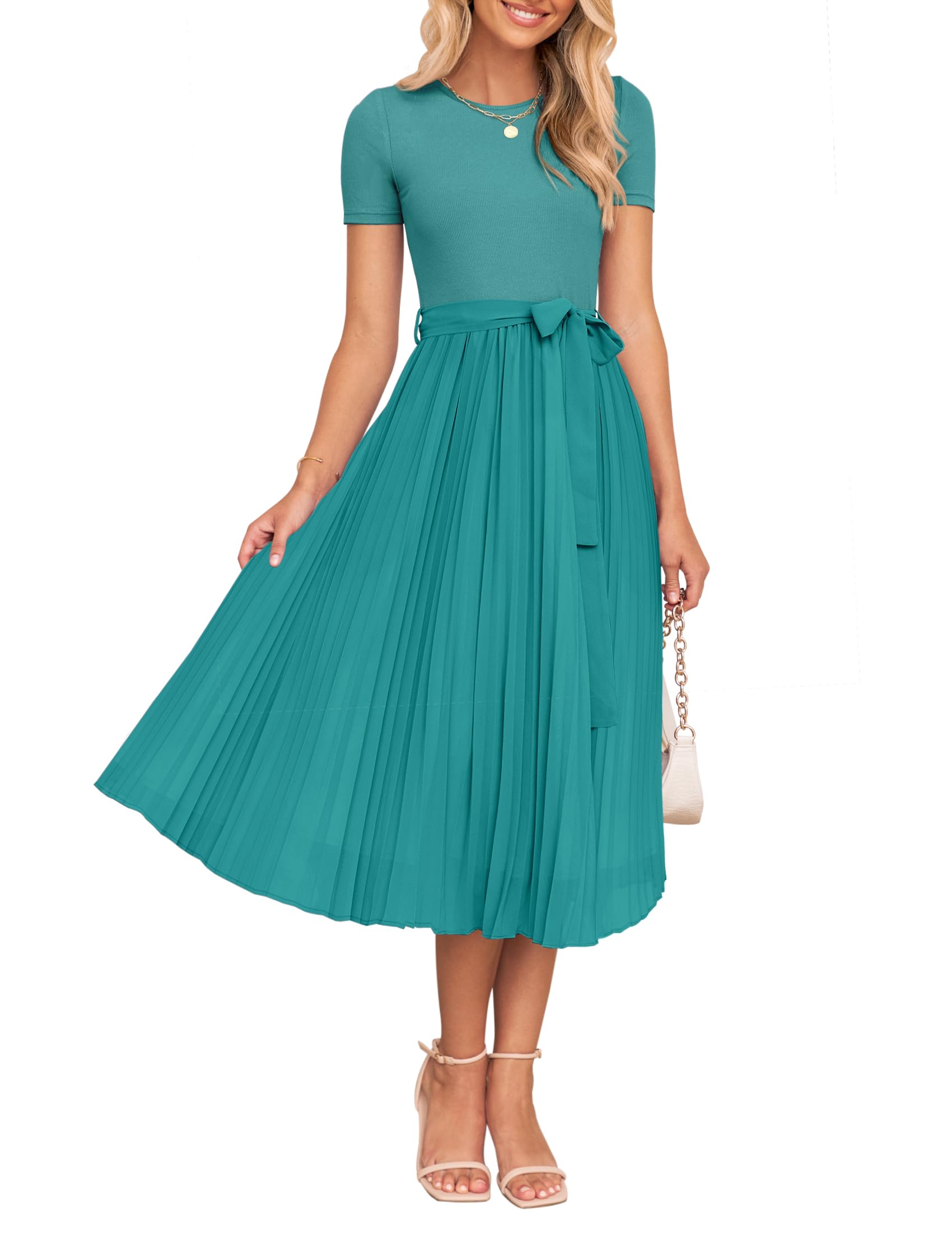 Luxuii Short Sleeve Crew Neck Ribbed Knit Belted Pleated Midi Dress