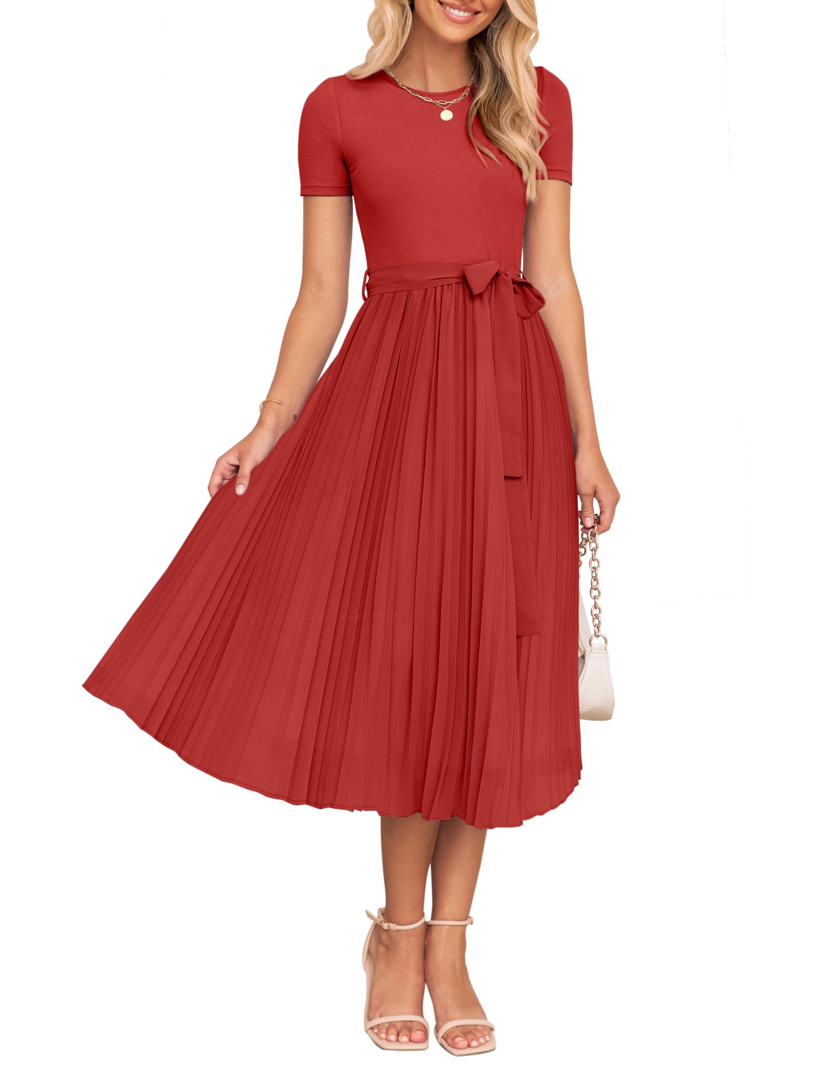 Luxuii Short Sleeve Crew Neck Ribbed Knit Belted Pleated Midi Dress