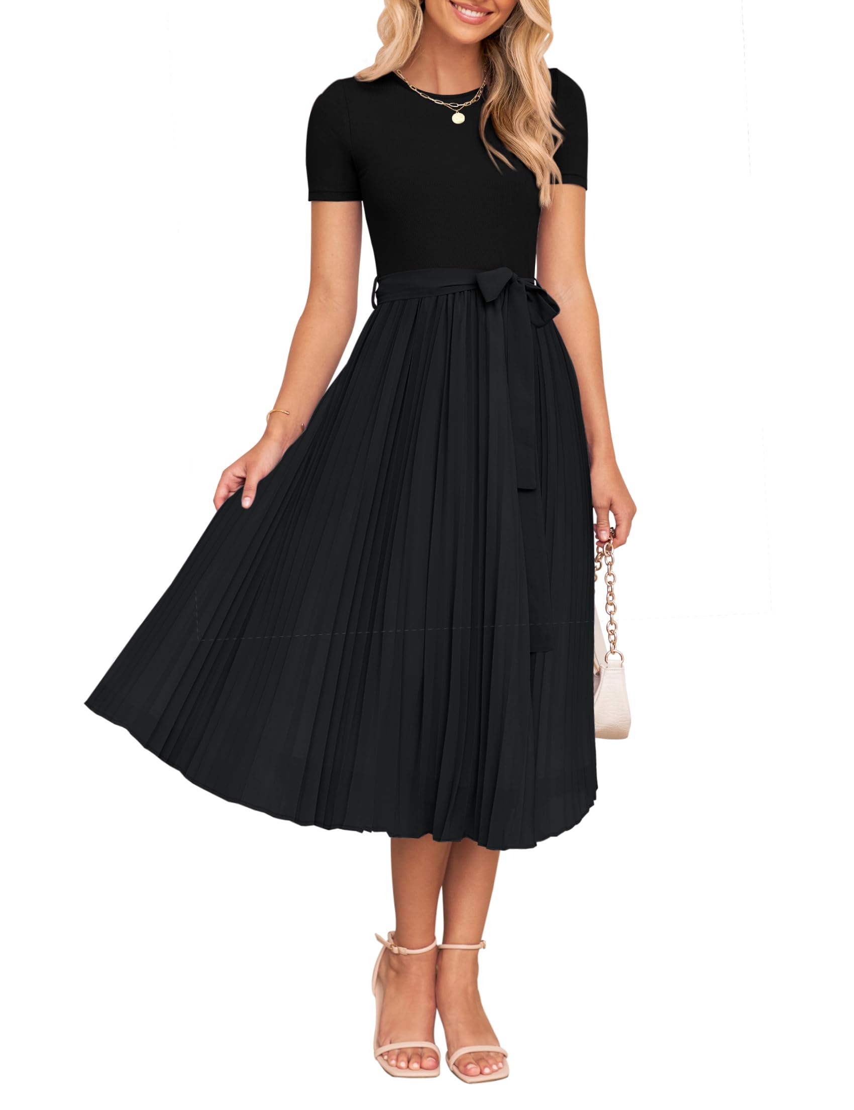 Luxuii Short Sleeve Crew Neck Ribbed Knit Belted Pleated Midi Dress