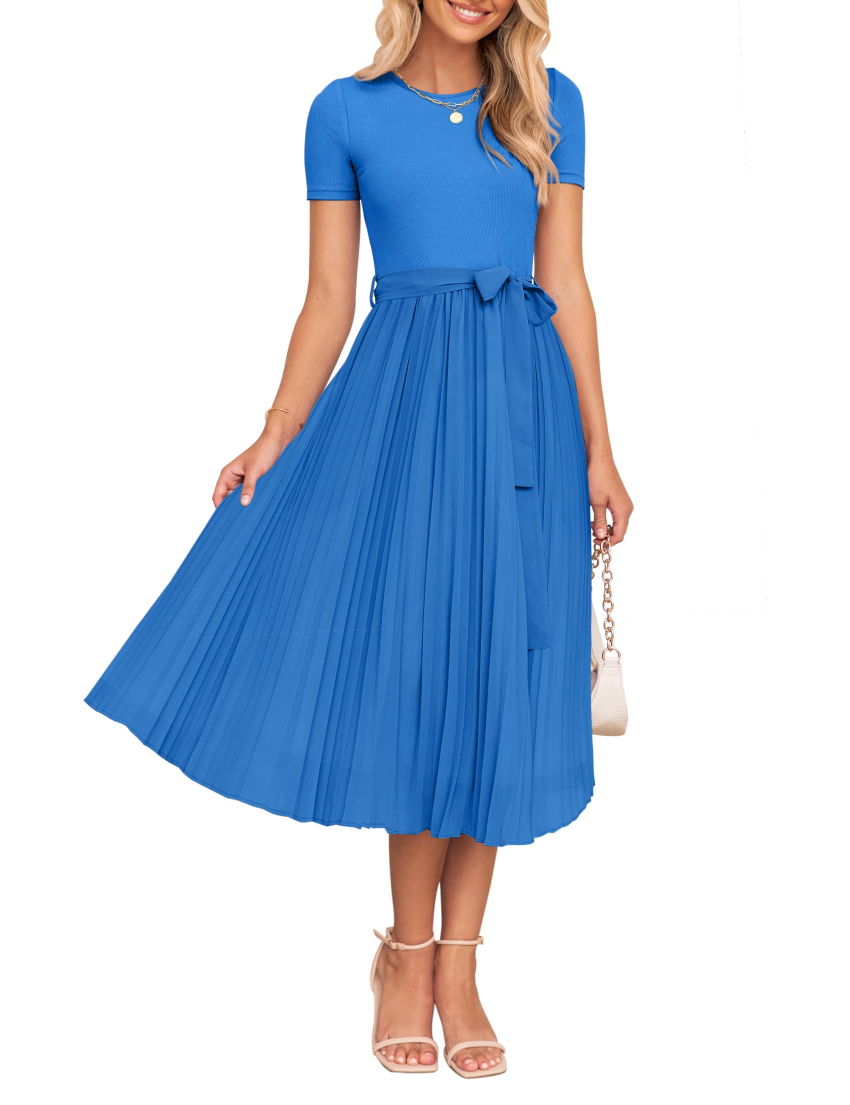 Luxuii Short Sleeve Crew Neck Ribbed Knit Belted Pleated Midi Dress