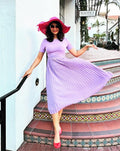 Luxuii Short Sleeve Crew Neck Ribbed Knit Belted Pleated Midi Dress