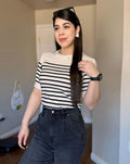 Luxuii Short Sleeve Crew Neck Ribbed Knit Striped T Shirt