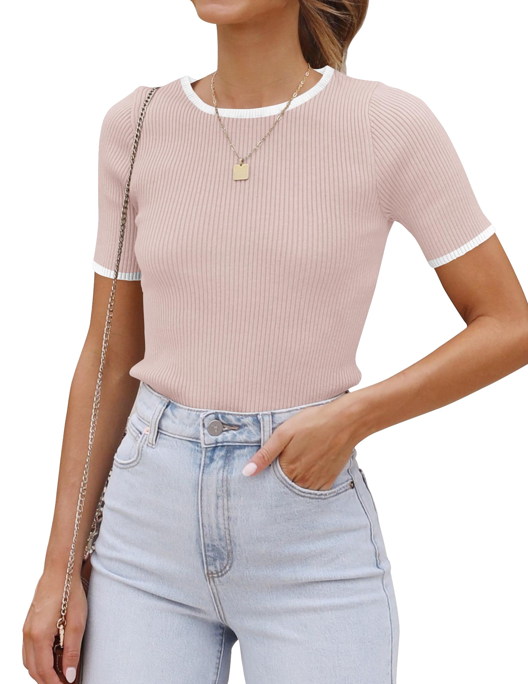 Luxuii Short Sleeve Crewneck Color Block Ribbed Knit Top