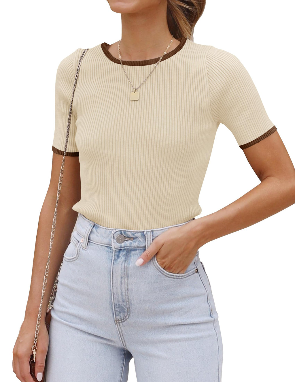 Luxuii Short Sleeve Crewneck Color Block Ribbed Knit Top