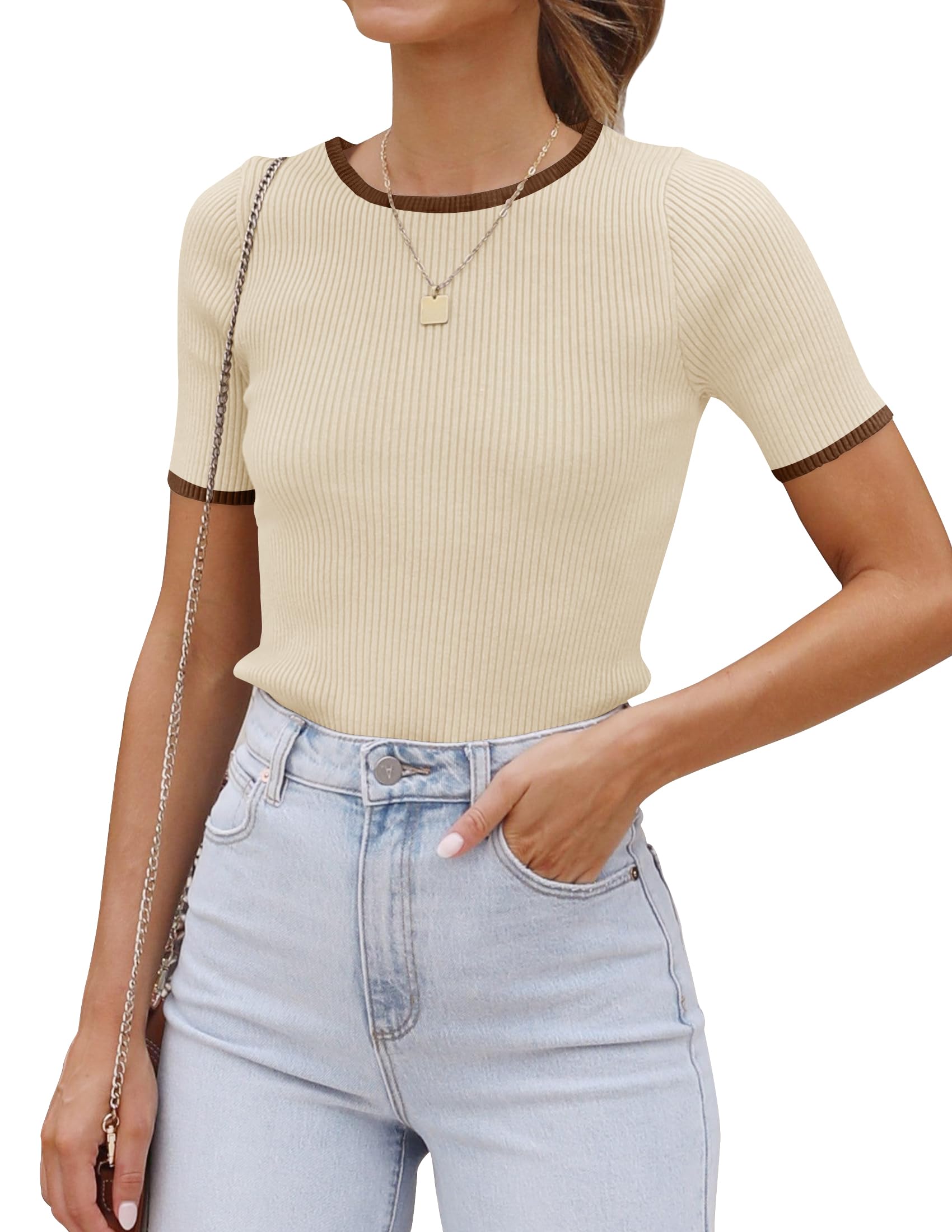 Luxuii Short Sleeve Crewneck Color Block Ribbed Knit Top