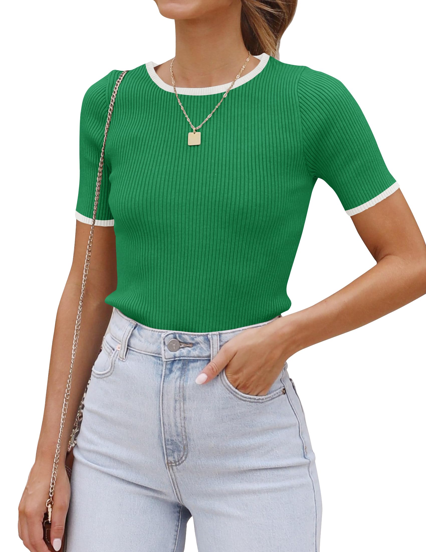 Luxuii Short Sleeve Crewneck Color Block Ribbed Knit Top