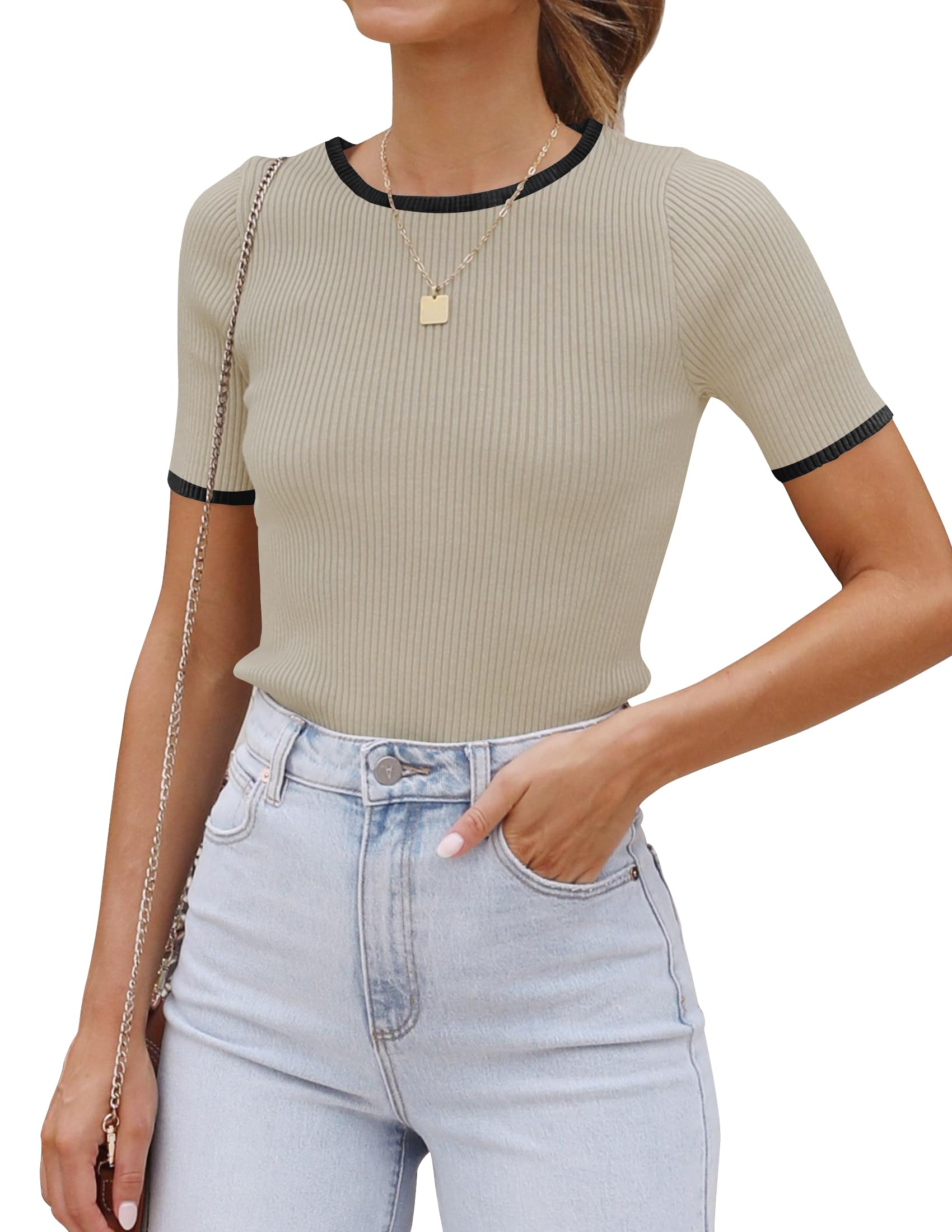 Luxuii Short Sleeve Crewneck Color Block Ribbed Knit Top