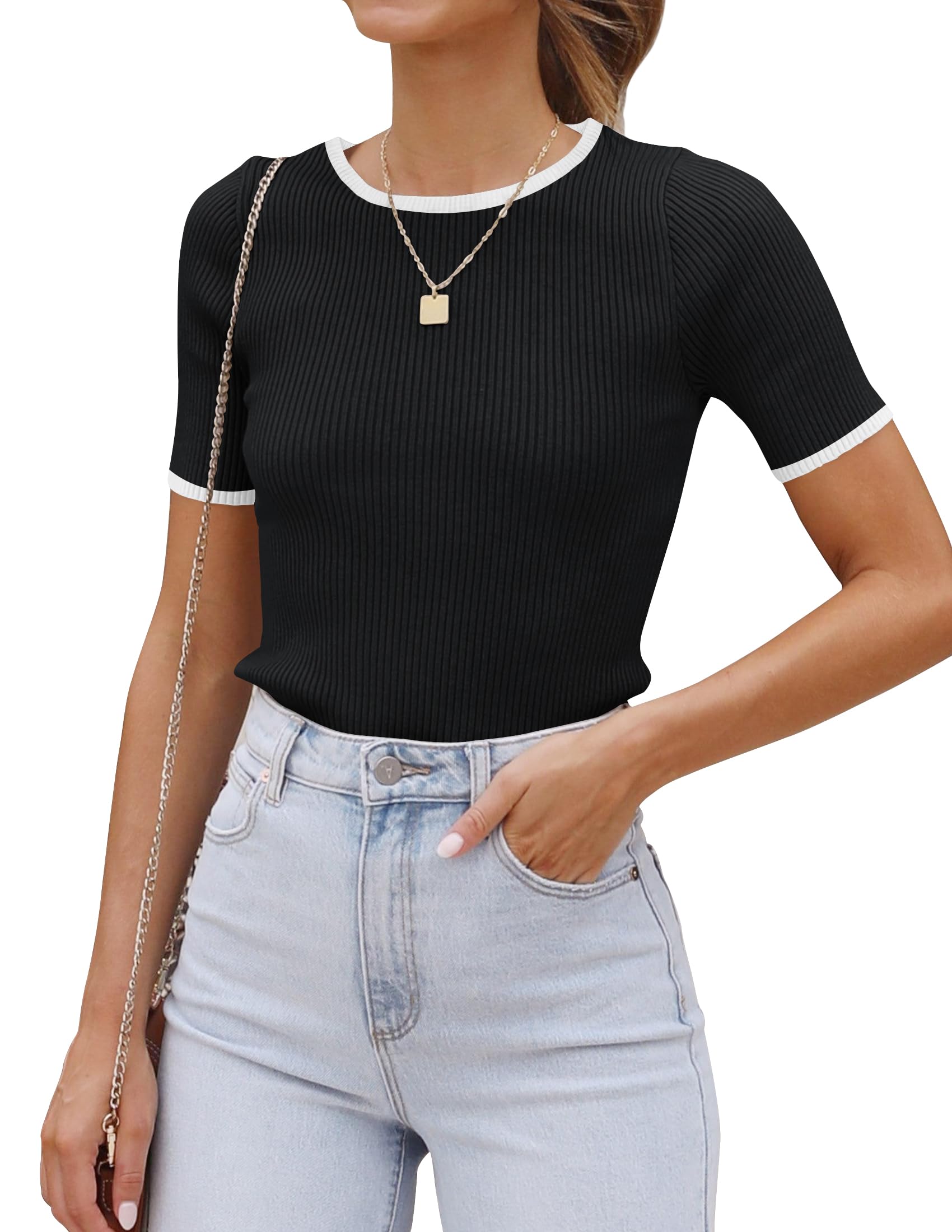 Luxuii Short Sleeve Crewneck Color Block Ribbed Knit Top