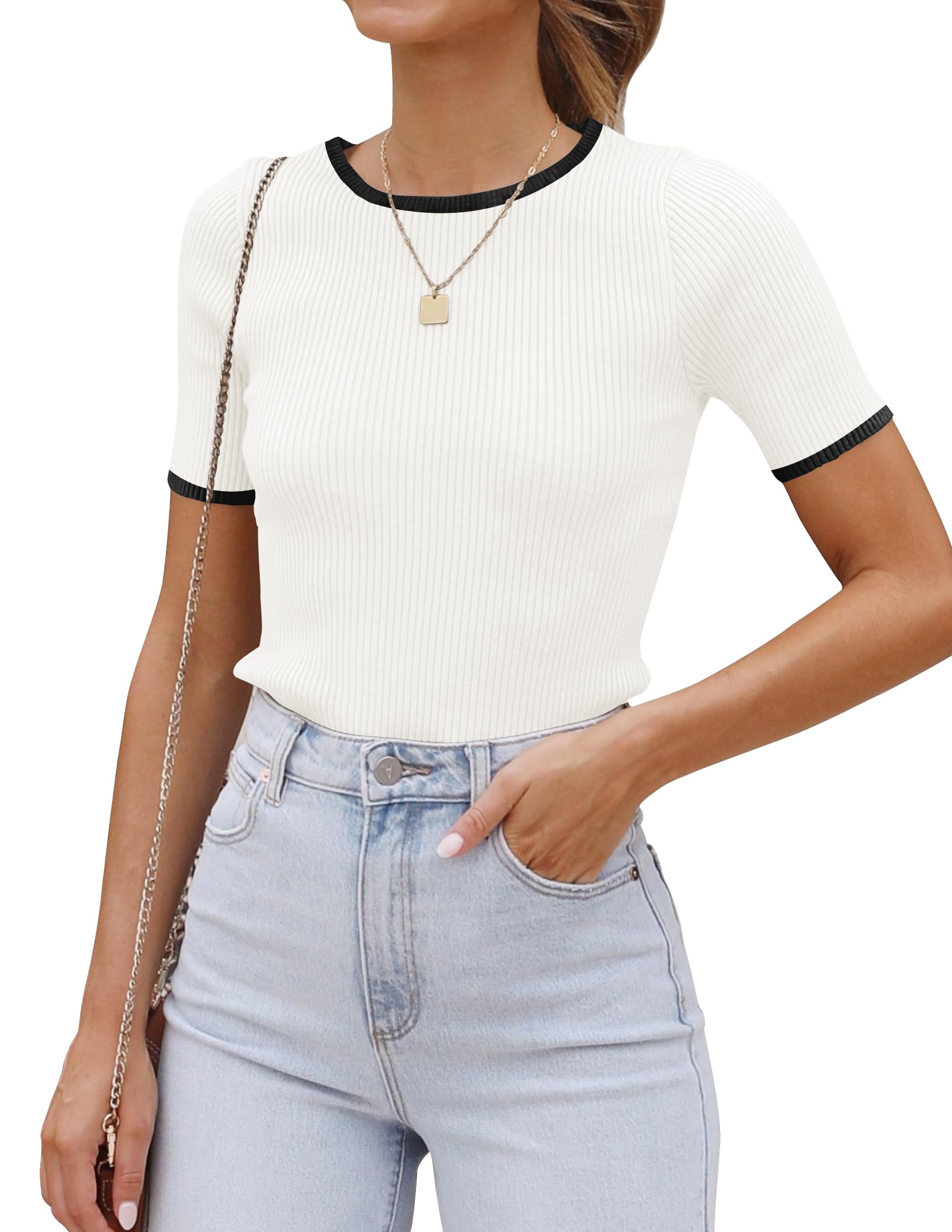 Luxuii Short Sleeve Crewneck Color Block Ribbed Knit Top