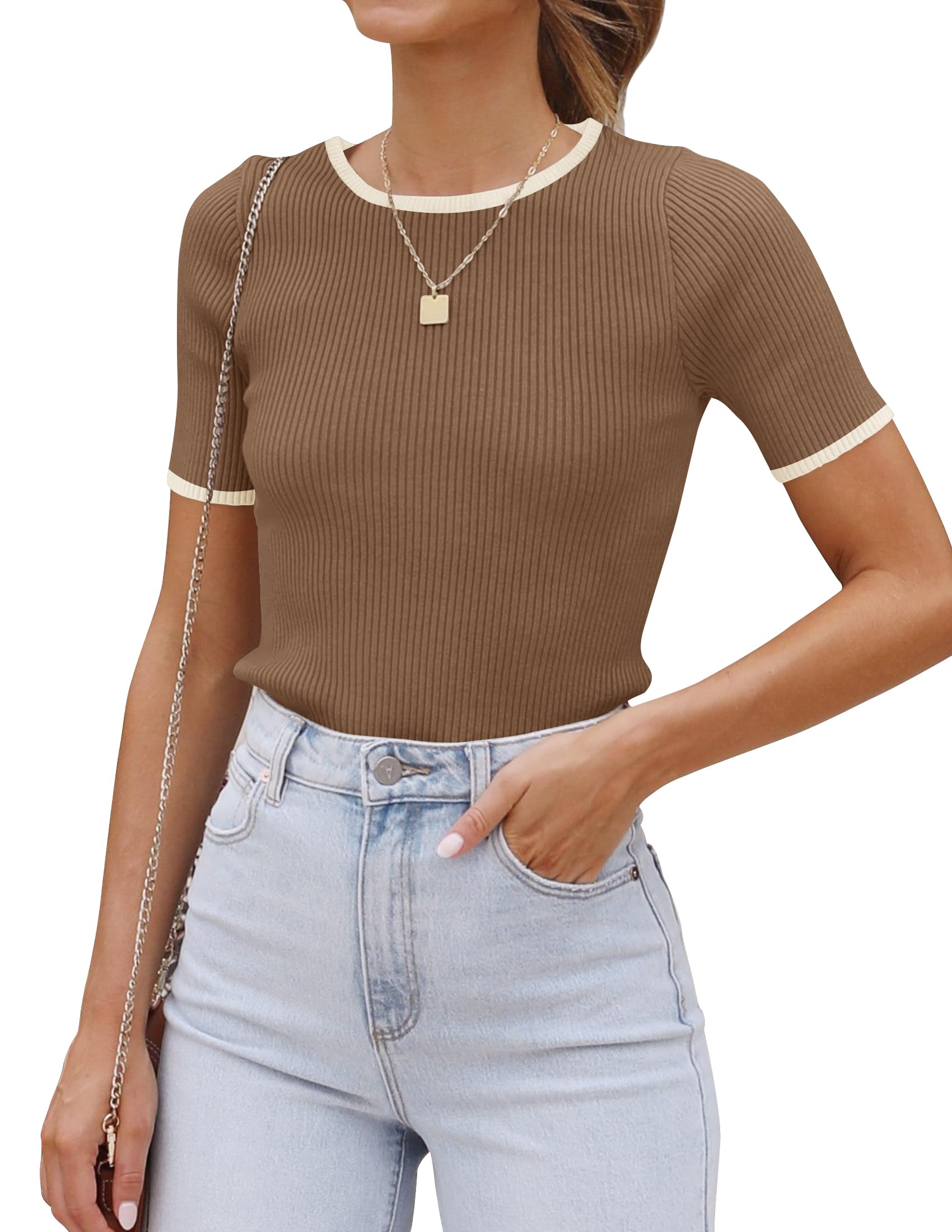 Luxuii Short Sleeve Crewneck Color Block Ribbed Knit Top