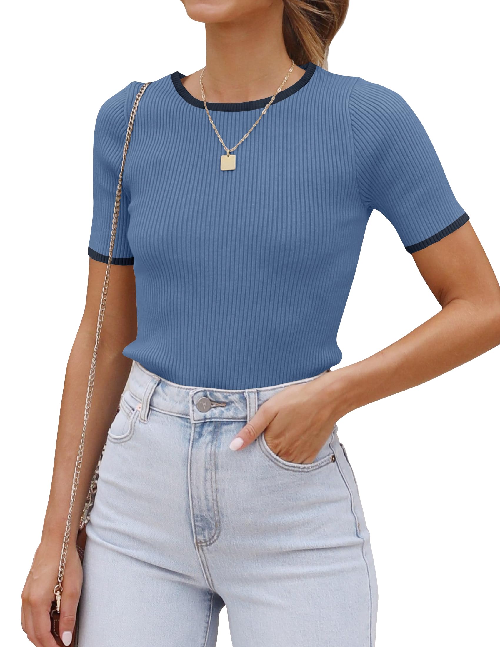 Luxuii Short Sleeve Crewneck Color Block Ribbed Knit Top