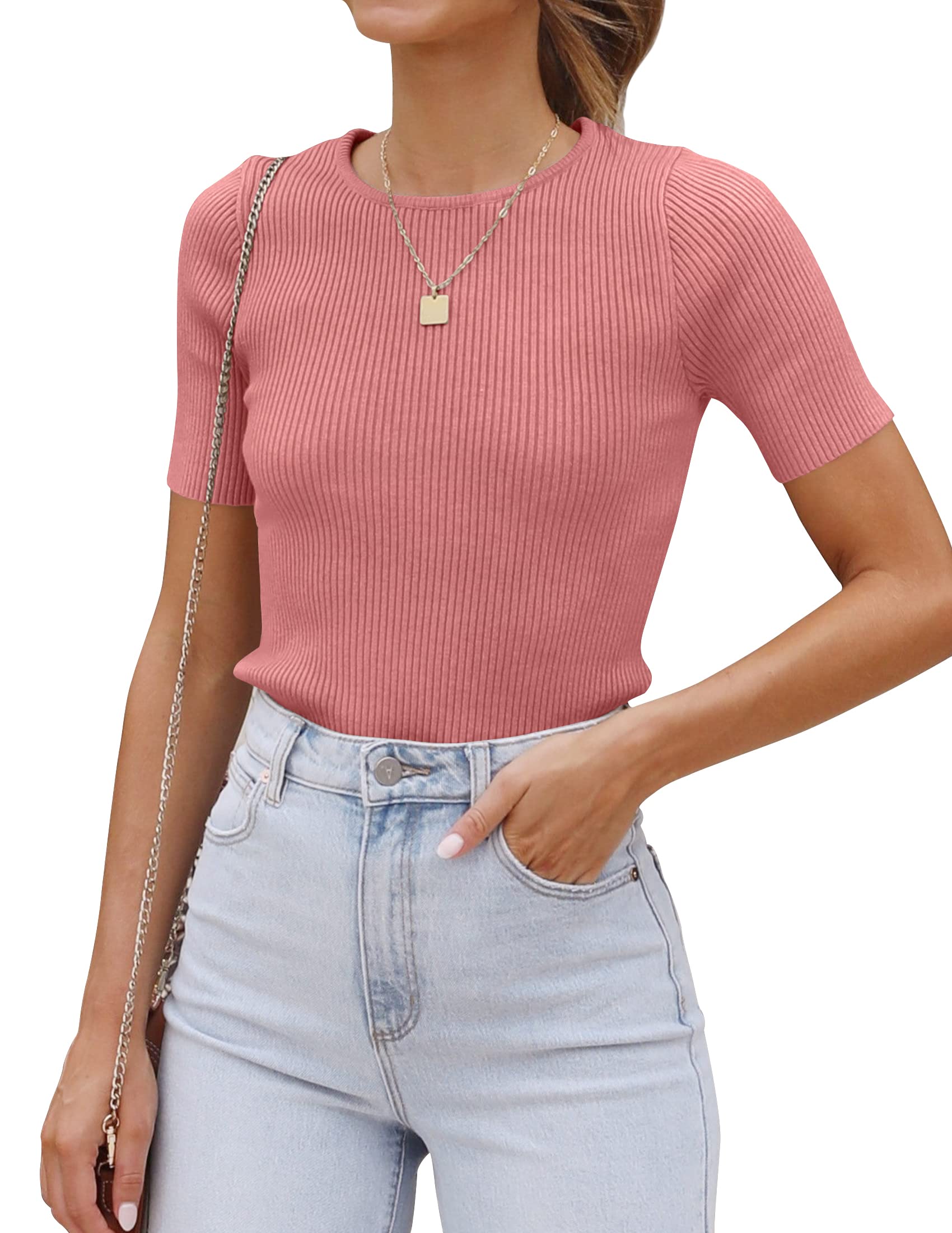 Luxuii Short Sleeve Crewneck Ribbed Knit Slim Fit Top