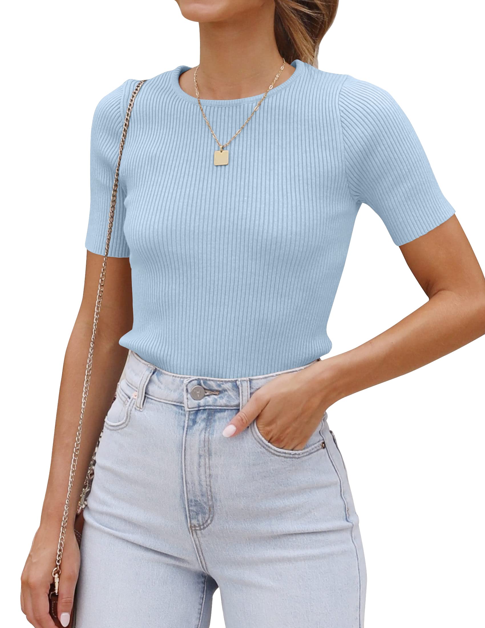 Luxuii Short Sleeve Crewneck Ribbed Knit Slim Fit Top
