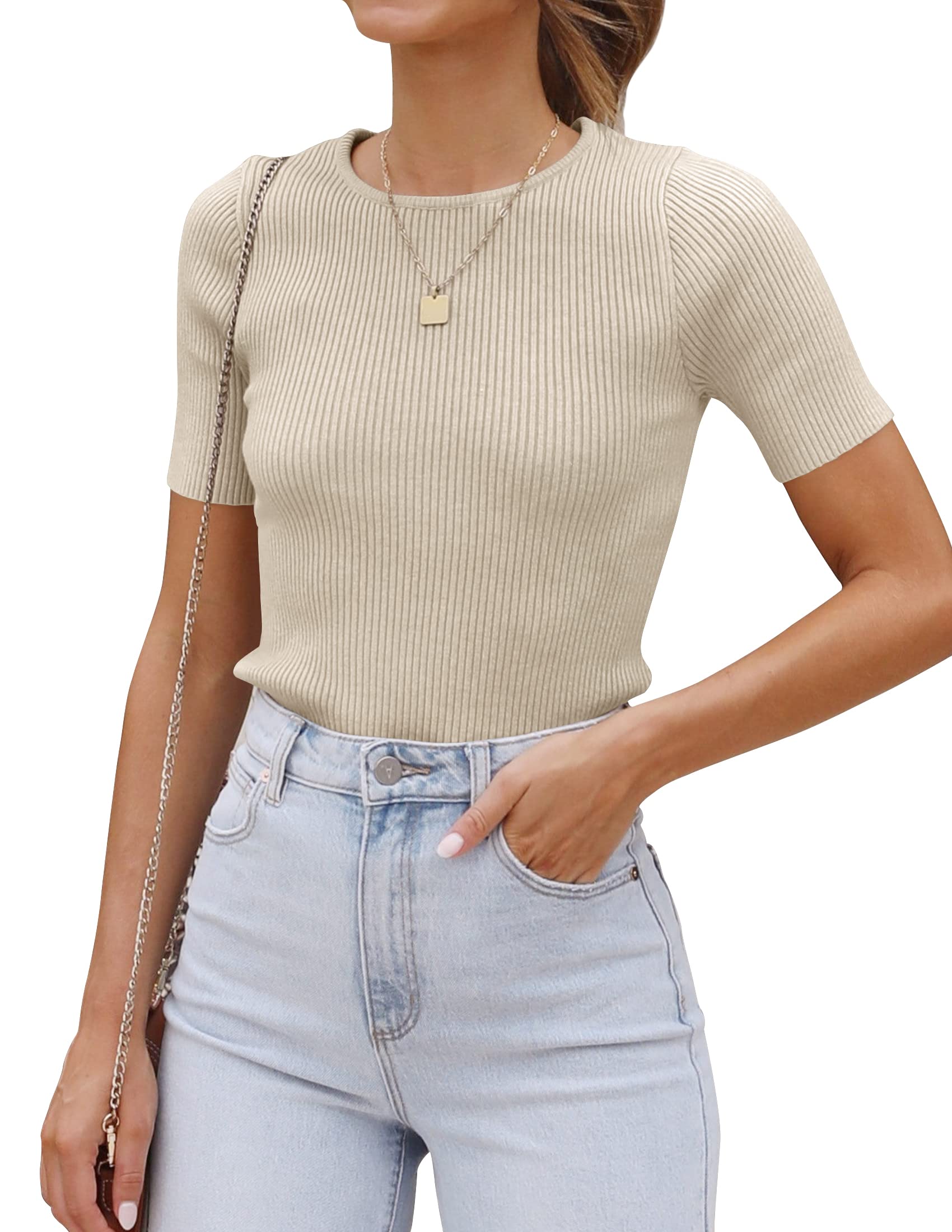 Luxuii Short Sleeve Crewneck Ribbed Knit Slim Fit Top